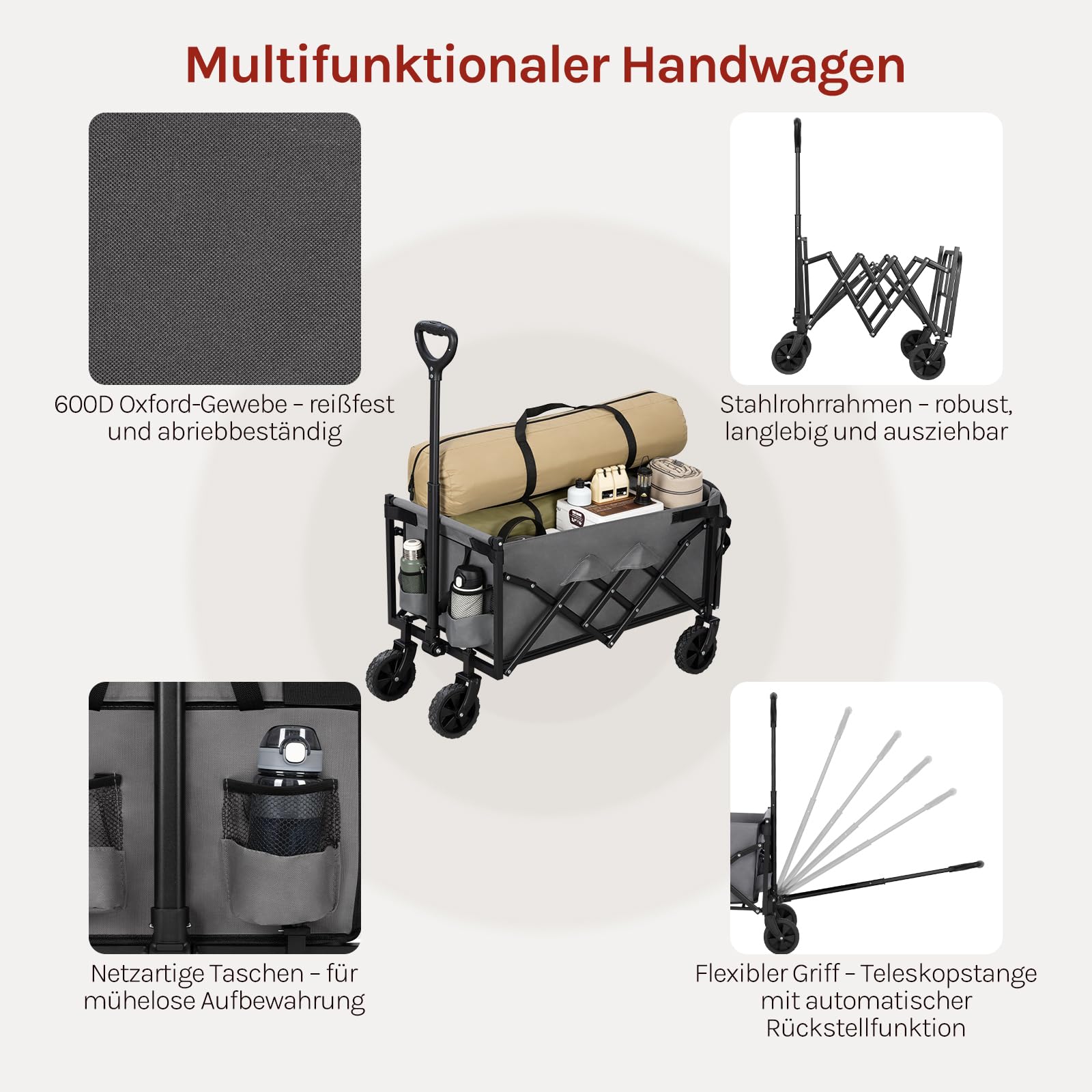 WOLTU Bollerwagen faltbar, 110L + 150kg Tragkraft, Handwagen mit 2 Getränkehaltern, 4 abnehmbaren Rädern, Rückwand klappbar und Griff, für Camping Picknick Einkaufen Strand, Grau