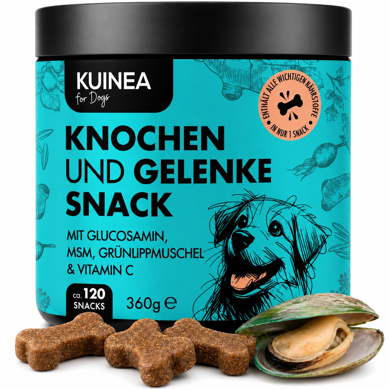 KUINEA® Hochkonzentrierte Gelenktabletten für Hunde als Leckerli – 120 Soft Chews (360g) – Grünlippmuschel Hund, Glucosamin, MSM & Vitamin C – Knochen & Gelenke – Getreide- & zuckerfrei, laborgeprüft