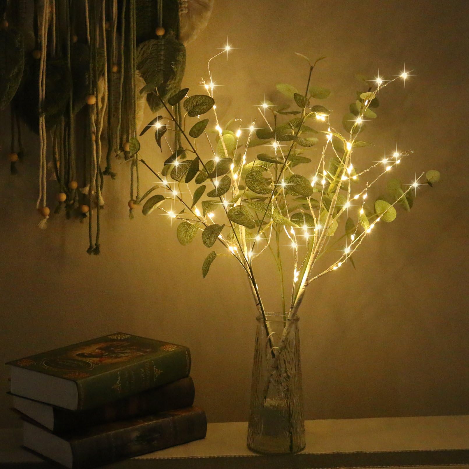 Timer Fairy Lighted White Birch Tree Branches Lights with Artificial Leaves Stems Decoration, Battery Operated, Ambient Lights Decorative Vase Filler Sticks for Christmas Home Room Bedroom Party