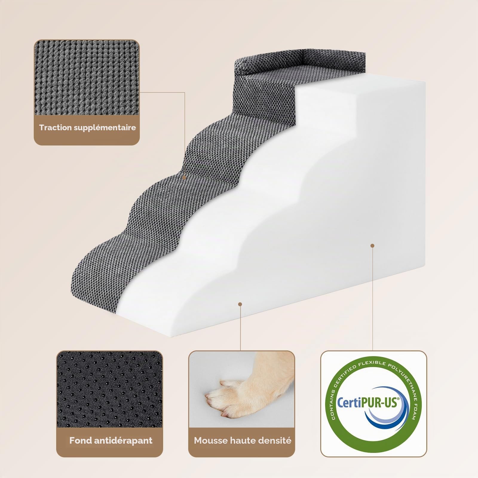 EHEYCIGA Escalier Chien 4 Marches 44.7cm H, Rampe Chien pour Canapé Lit | Mousse Haute Densité, Surface Antidérapante, Housse Amovible et Lavable, Pour Petits Chiens et Chats, Gris