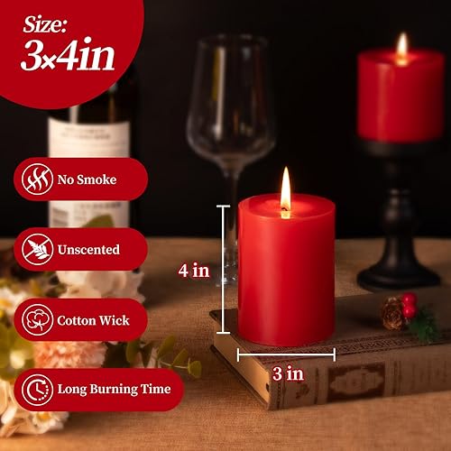Miniatura 2 de KONNI Juego de 3 velas de pilar rojo sin perfume de 3 x 4 pulgadas, velas de 39 horas de combustión, velas redondas grandes sin humo y sin goteo