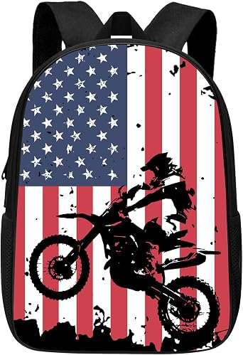 Motocross Sport Motorcycle Vehicle with American Flag School Backpack Shoulder Daypack, Dirt-Bike Boy Men School Bag Outdoor Casual Backpack Travel Daypacks for Men Women Teens Kids,