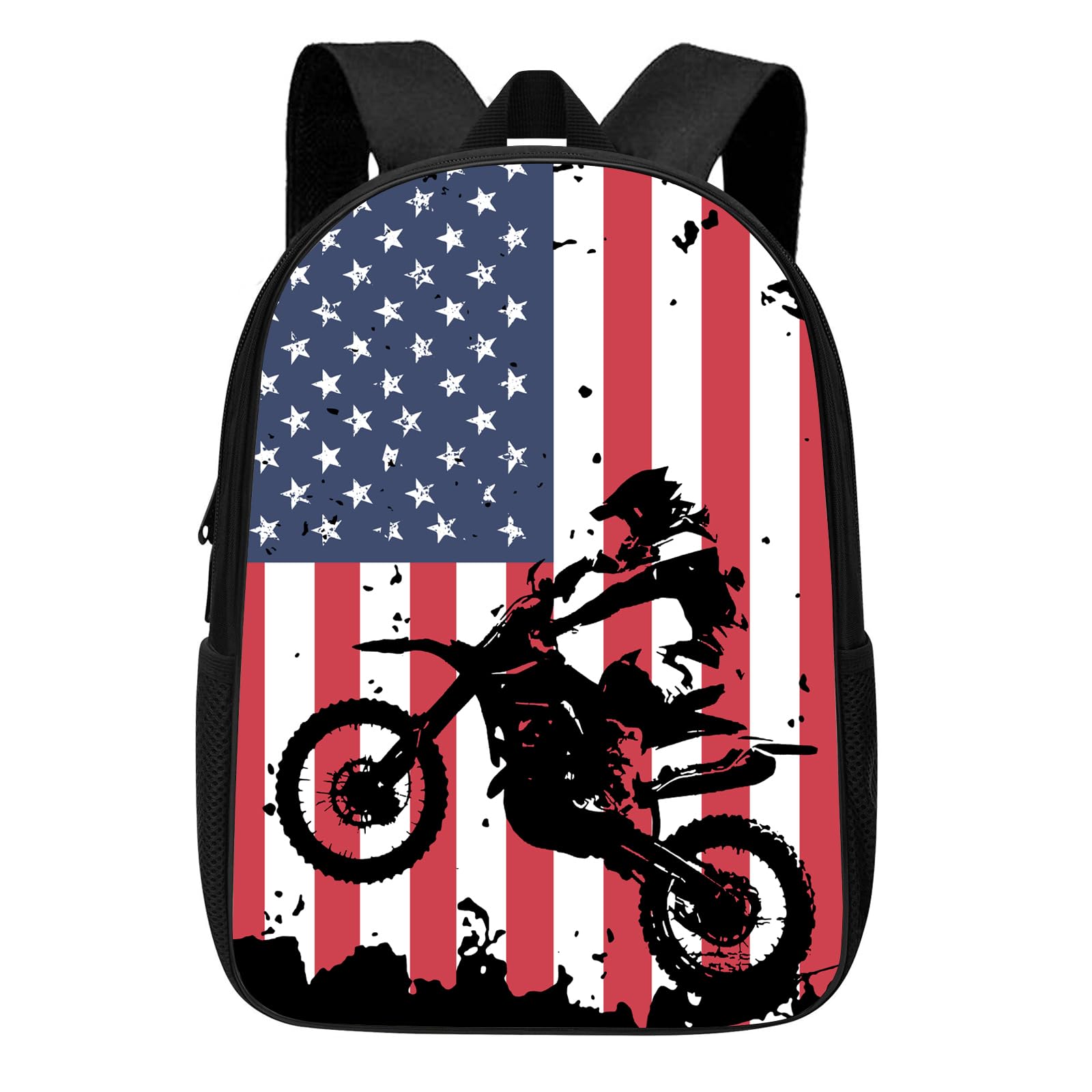 ALIFAFA Motocross Sport Motorcycle Vehicle with American Flag School Backpack Shoulder Daypack, Dirt-Bike Boy Men School Bag Outdoor Casual Backpack