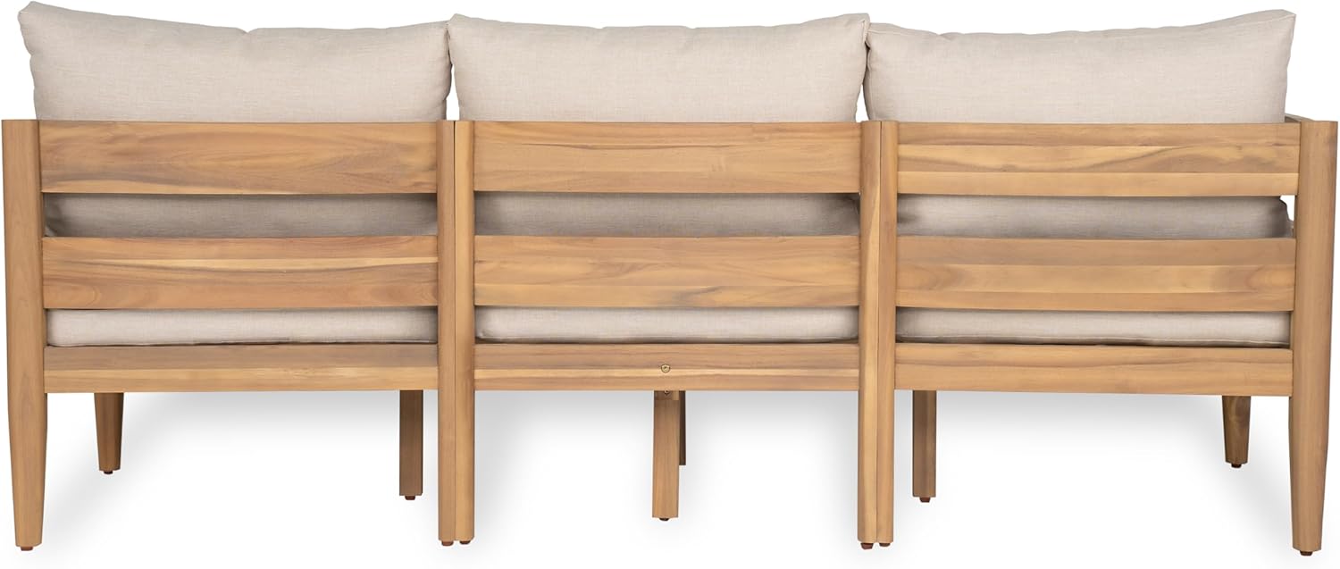 Christopher Knight Home Kavets 76.25'' W Outdoor 3 Seater Sofa with 5" Cushion, Acacia Wood Patio Sofa, Modern Slat Panel Bench, Spacious Seating Couch for Backyard Garden Porch, Light Teak+Beige