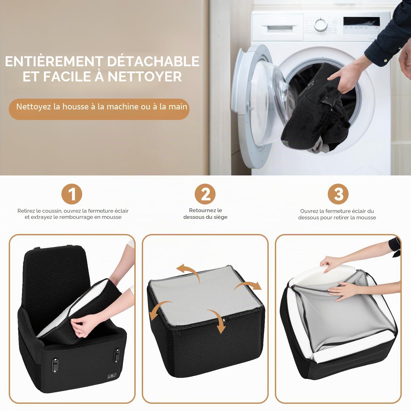 PETSFIT Siège Auto pour Chien, pour Chiens Petits/Moyens jusqu'à 15kg – Système de Sécurité Breveté, Coussin Mémoire de Forme 13cm, Housse Lavable, Coussin Double Face, Idéal pour Voyage– Noir & Gris