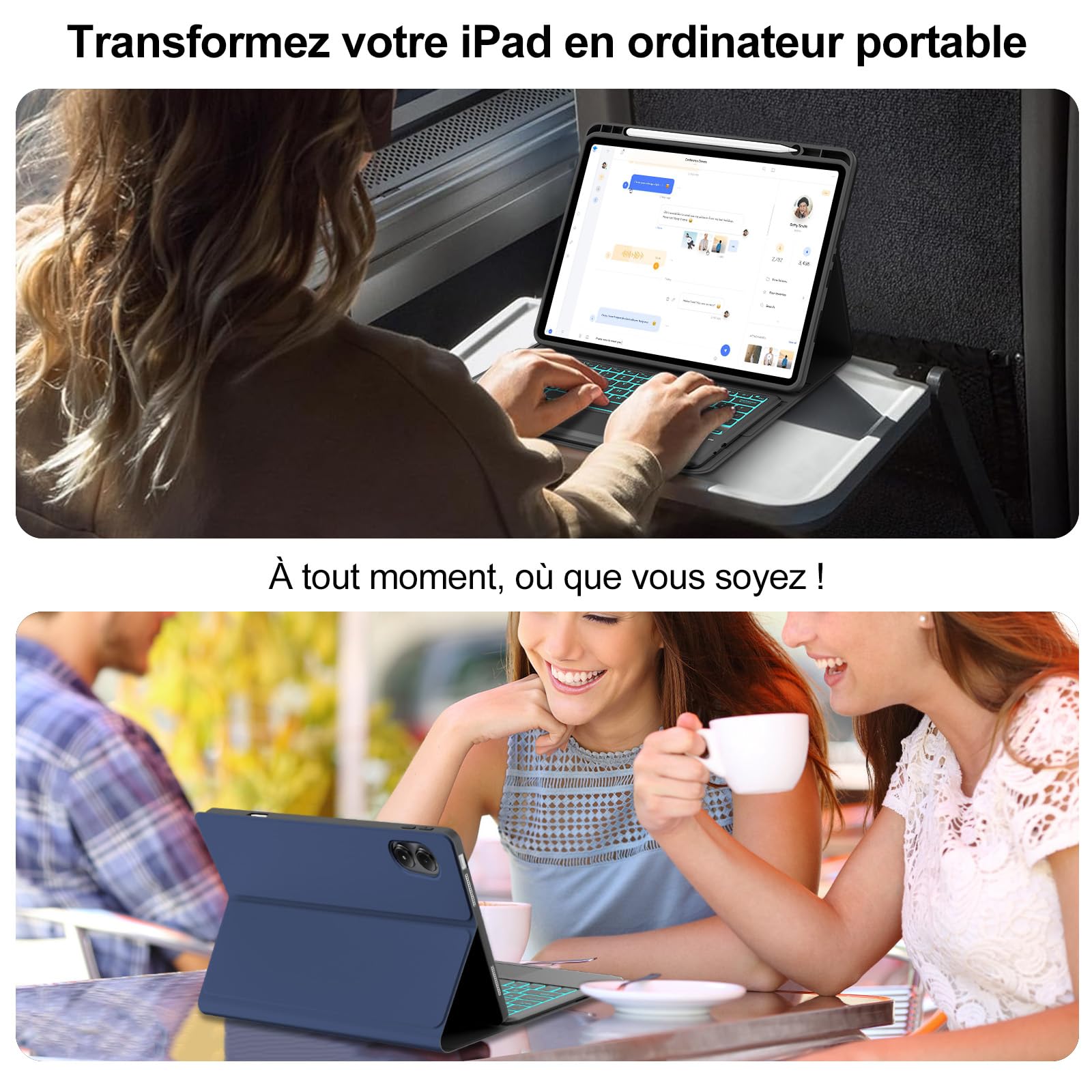 Etui na klawiaturę do iPada Air 13 2026/2025/2024 M4/M3/M2 z panelem dotykowym, francuska wymienna klawiatura bezprzewodowa Bluetooth do Apple 13-calowy iPad Air (niebieska obudowa + podświetlenie