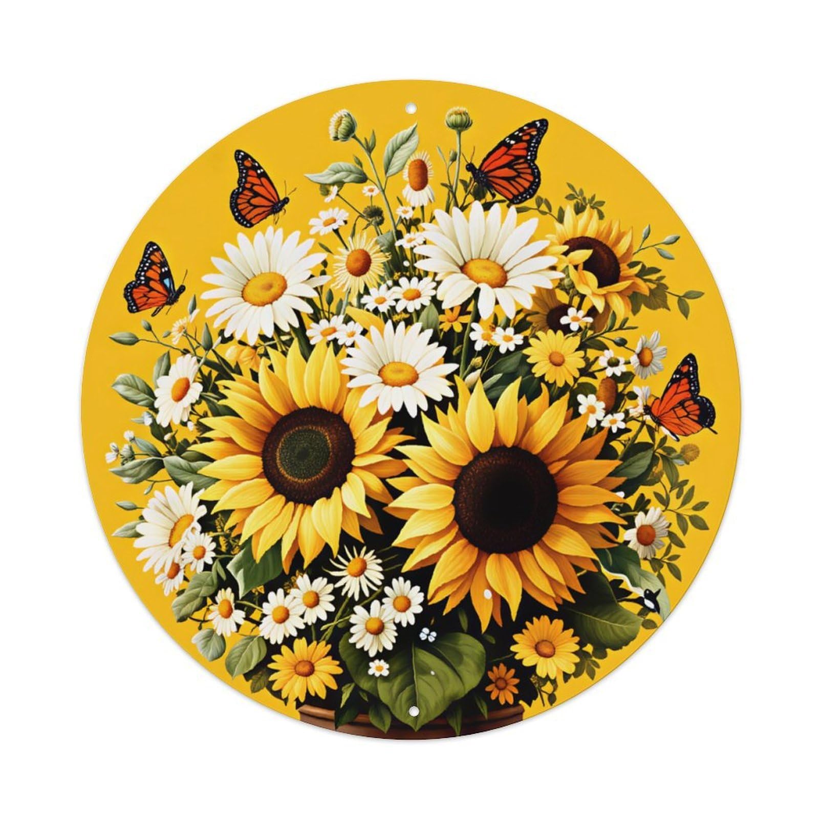 Ldfuieksufg Style Round Sunflower Daisy Monarch Butterfly Floral Decor Wall Plaque Vintage Aluminium Metal Sign, Retro Wall Decor For Home, Bar, Garage & Farmhouse 20X20cm