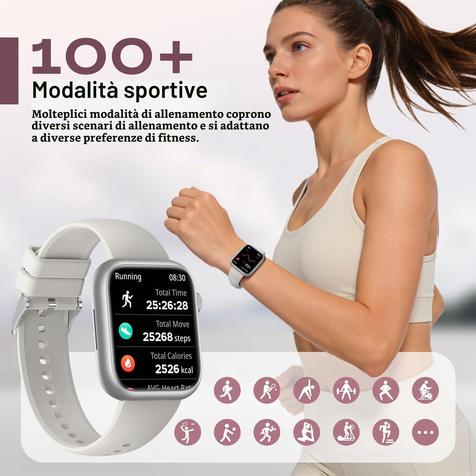 SLOKSFil Smartwatch donna, 1,85" Orologio Fitness con KI Quadrante, Frequenza Cardiaca, SpO2, Sonno, KI Q&A,110+ Sport Smartwatch con Chiamata, Notifiche Messaggi iOS Android (Argento Starlight)