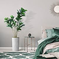 Vista 5 de Árbol artificial en macetero con efecto de mármol blanco, Ficus Lyrata falso de seda para decoración del hogar en interiores y exteriores, altura