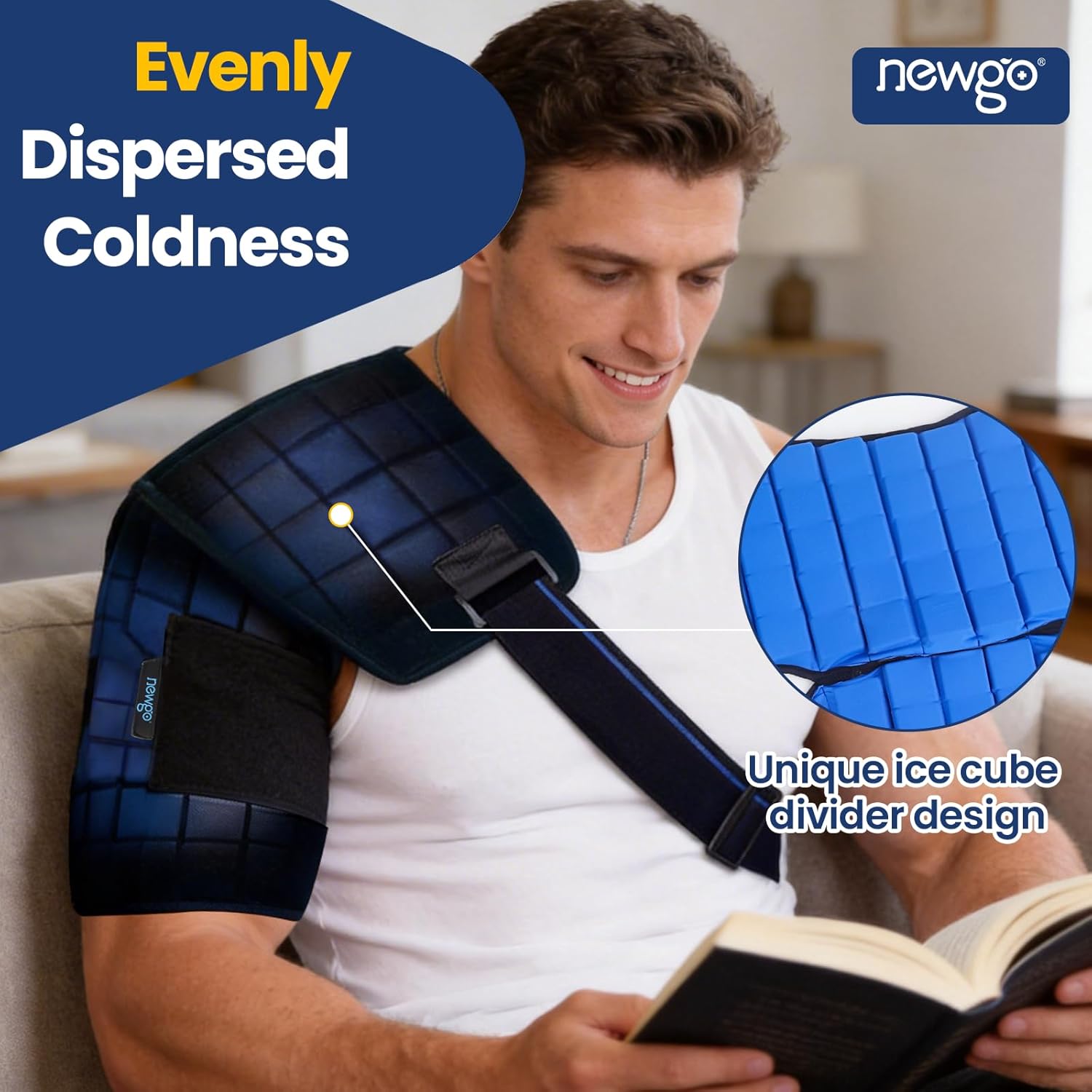 NEWGO Shoulder Ice Pack Wrap for Rotator Cuff, 2 Hours Long Lasting Cold Therapy with Flexible Cubed Design, Pain Relief for Arm & Shoulder Injuries, Post-Surgery Recovery, Reusable