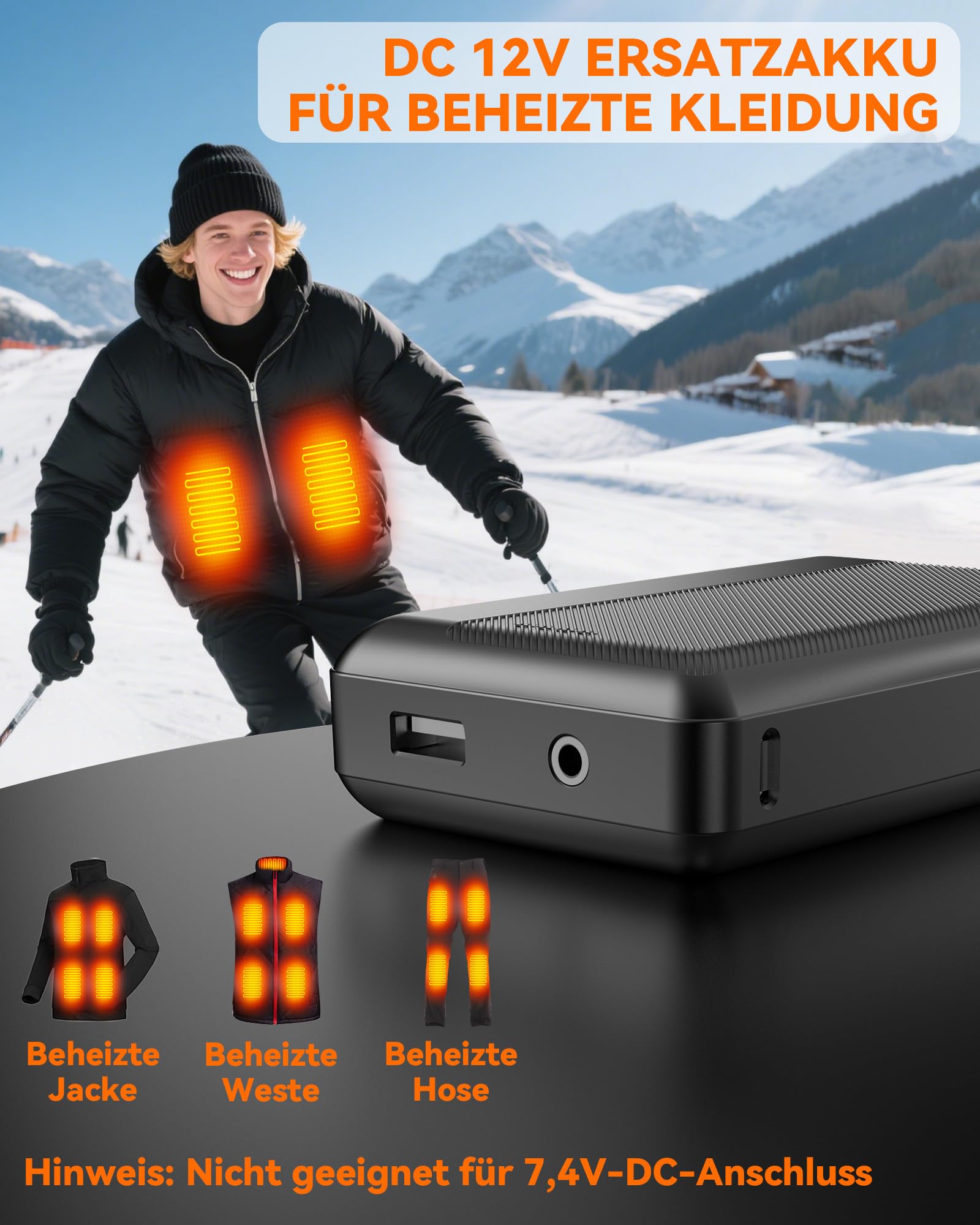 Banque d'alimentation pour gilet chauffant - 12 V 3 A 15 000 mAh - Sortie CC - Batterie rechargeable pour vestes chauffantes, gilets, pantalons et sous-vêtements avec accessoires de charge (CC 12 V 15