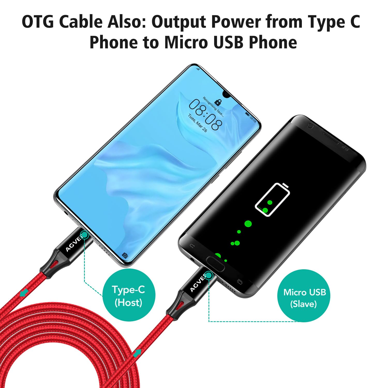 AGVEE 2 cables USB USB-C a Micro USB, 2 m, terminales dorados, cable de sincronización de datos para dispositivos micro USB, PS4, Kindle, teléfono Android, rojo
