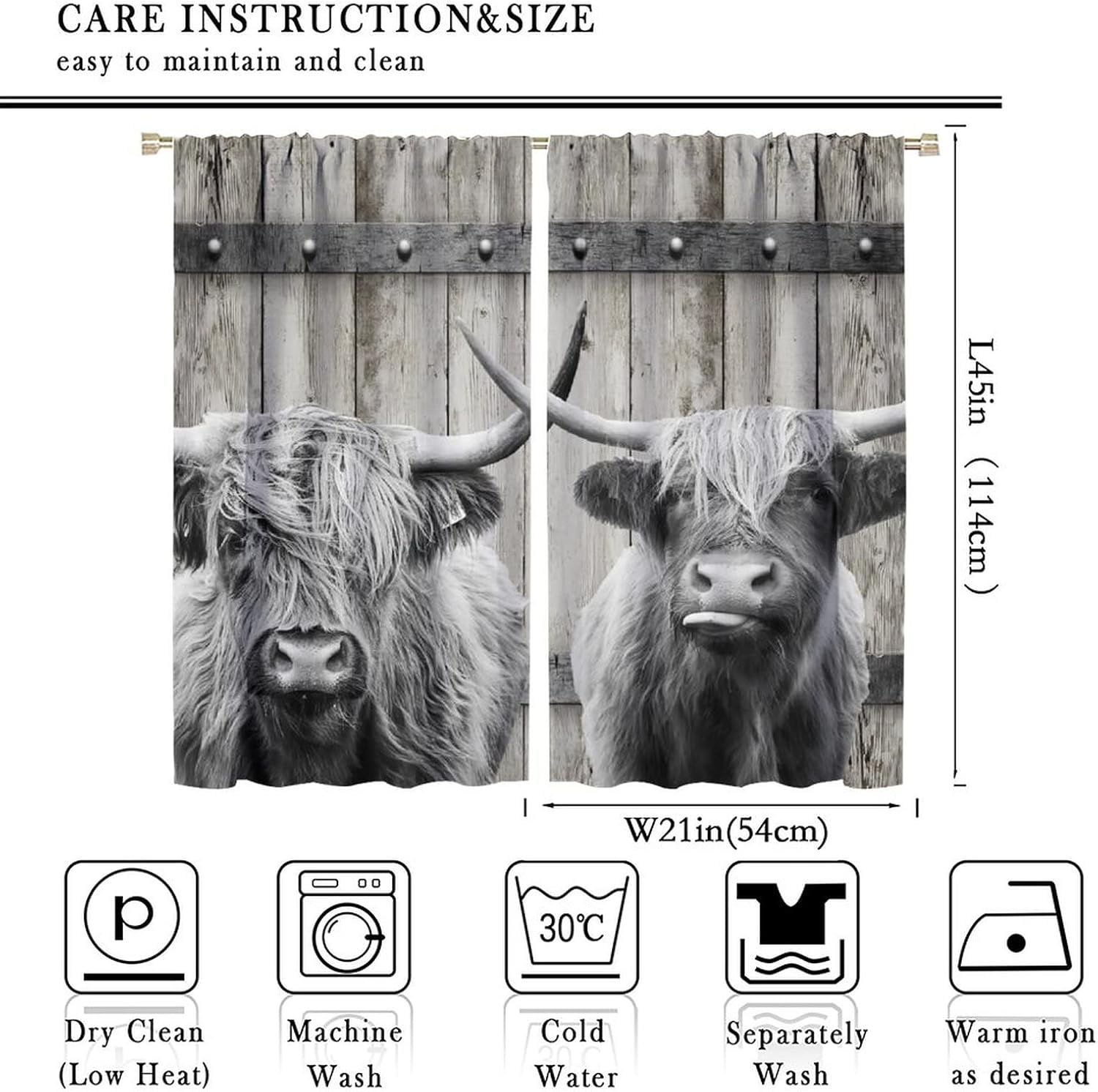 Highland Cow Curtains, Western Country Barn Door Wood Panel Gray Bull Farmhouse Animal, Bedroom Living Room Blackout Curtains, Set of 2 Panels,42X45 Inch