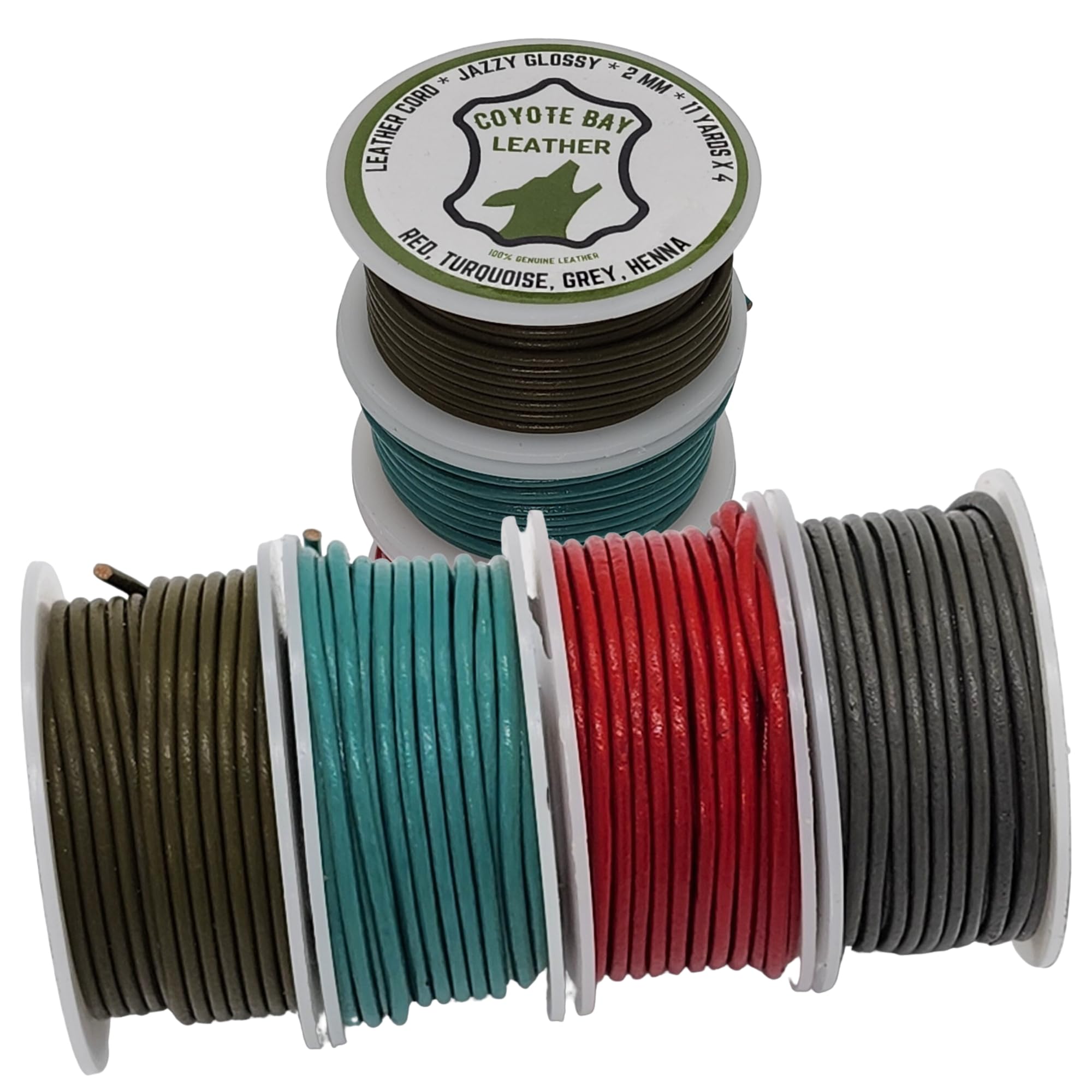 Coyote Bay® Genuine Leather Cord in 4 Glossy Colors, 44 Yards Total Length, 1.5mm and 2mm Thickness, for Jewelry Making, Crafts, Furniture, and Hobby Projects (2 mm)