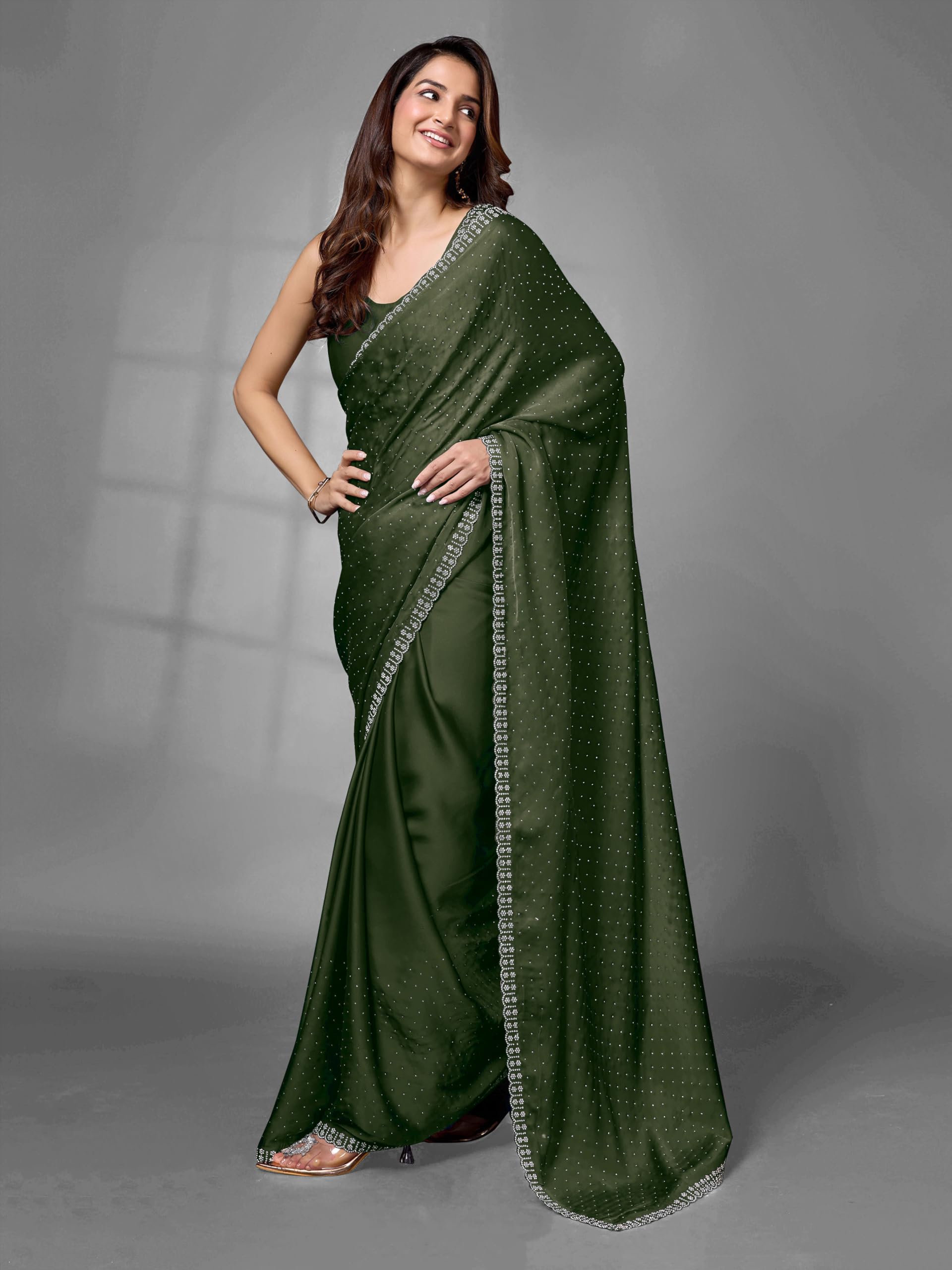 TRENDMALLS Damen Satin Georgette Zarkan Arbeit Saree mit Unstitch Bluse Stück