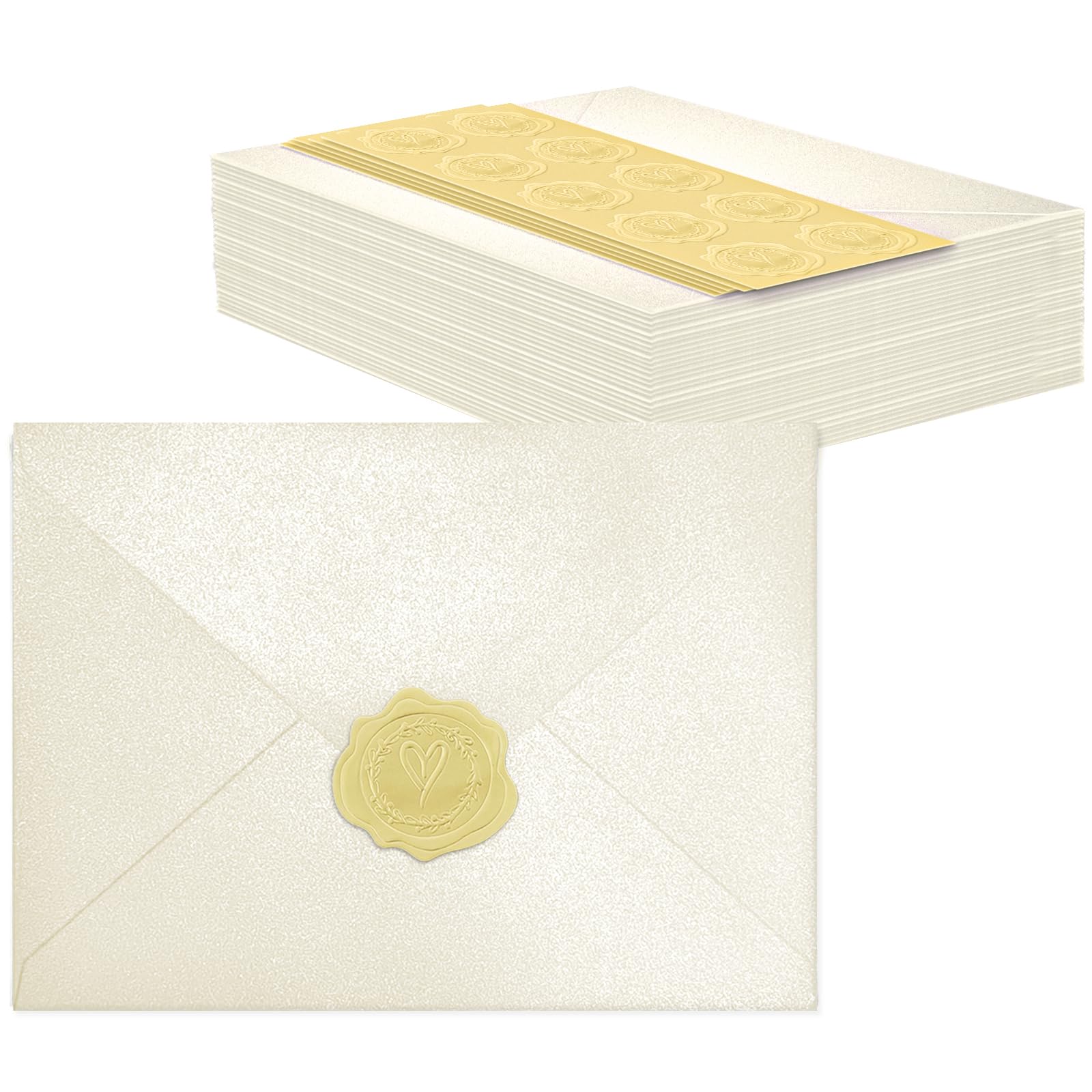 50 PCS Pearl Ivory A7 Envelopes with Stickers, Shimmering 5x7 Envelopes for Invitations, Great for Wedding Invitation Cards, Birthday RSVP, Graduation