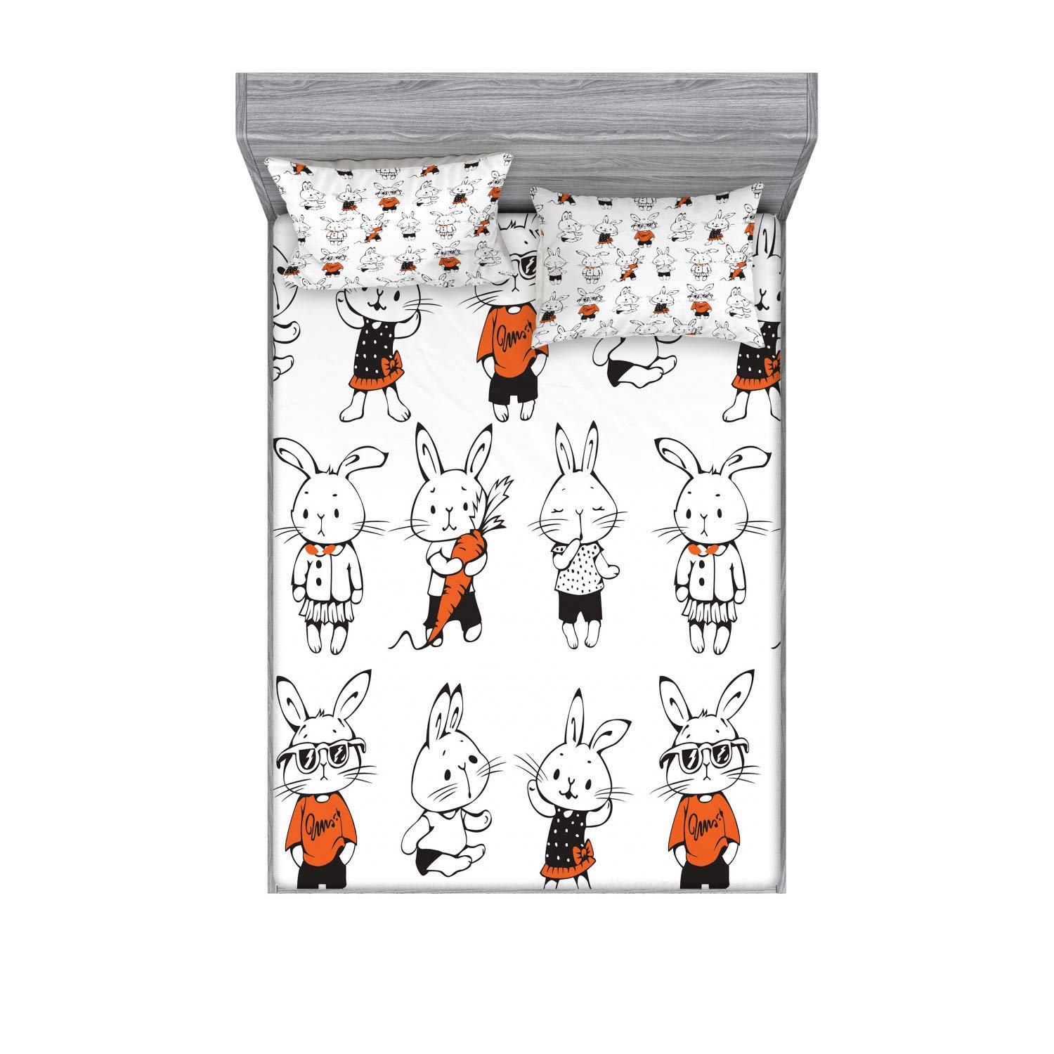 Ambesonne Funny Fitted Sheet & Pillow Sham Set, Retro Bunny Rabbits with Costumes Jack Hare Funky Bunnies Carrot Sketch Style, Decorative Printed 3 Piece Bedding Decor Set, Queen, Orange White