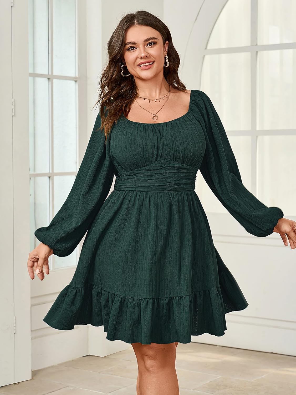 Womens Plus Size Dress Casual Long Lantern Sleeve Square Neck Textured Ruffle Flowy Ruched A-Line Mini Dresses for Women - Image 6