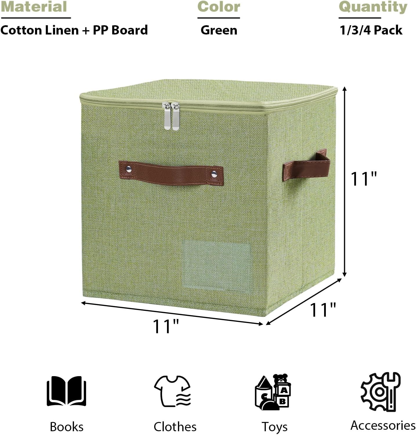 Storage Cubes with Zipper Lid, 11x11x11in Fabric Lidded Storage Boxes Baskets, 3 Pack Foldable Washable PU Leather Handle Cotton Linen Fabric Shelf Closet Organizer Container (Green, Label Pocket)