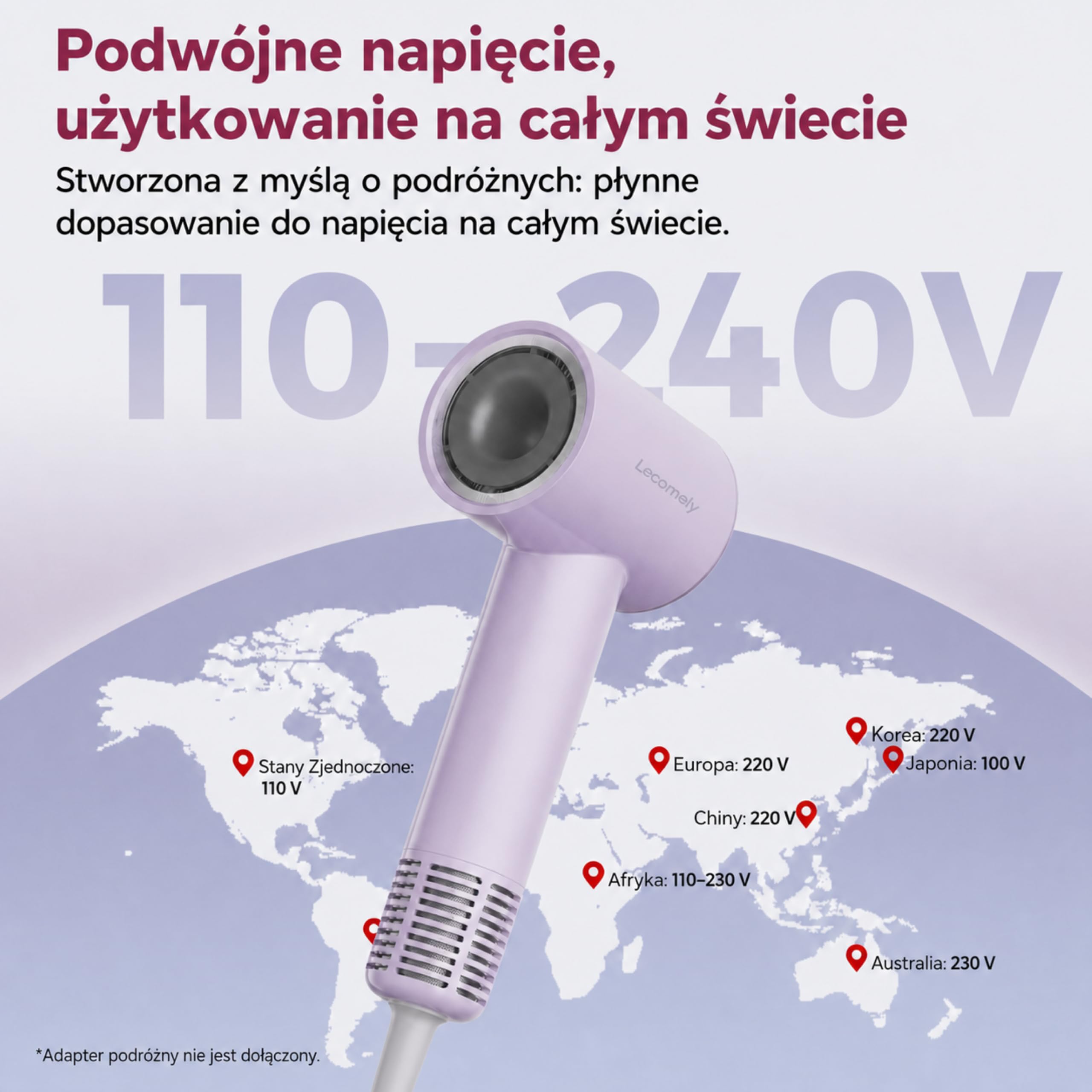 S4AT Podróżna Suszarka do Włosów z Podwójnym Napięciem 100–120 V/220–240 V, 1200 W, Silnik 110 000 obr./min, Kompaktowa i Lekka, 312 g bez Przewodu, Jonizacja, Liliowa