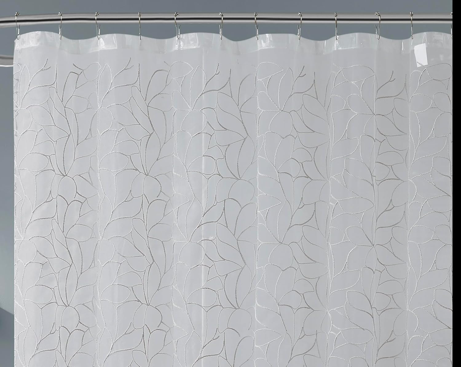 Warm Home Designs 72 Inch White Shower Curtain with Grey Embroidery. Sheer Gray Embroidered Shower Curtain Fabric Features Flowing Boho Design Bohemian or Shabby Chic Bathroom Decor. OLS Silver 72