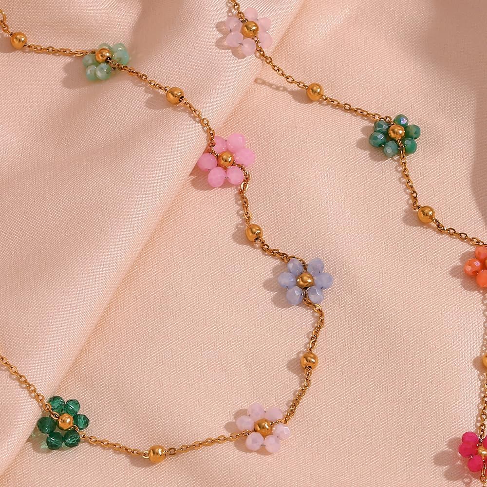 Cute Flower Beaded Ball Choker Necklace Stainless Steel Colorful Acystal Bead Daisy Flowers Adjustable Necklaces Fashion 18k Goldtone Plated Jewelry Gifts for Women Chain 15"+2" - Image 6