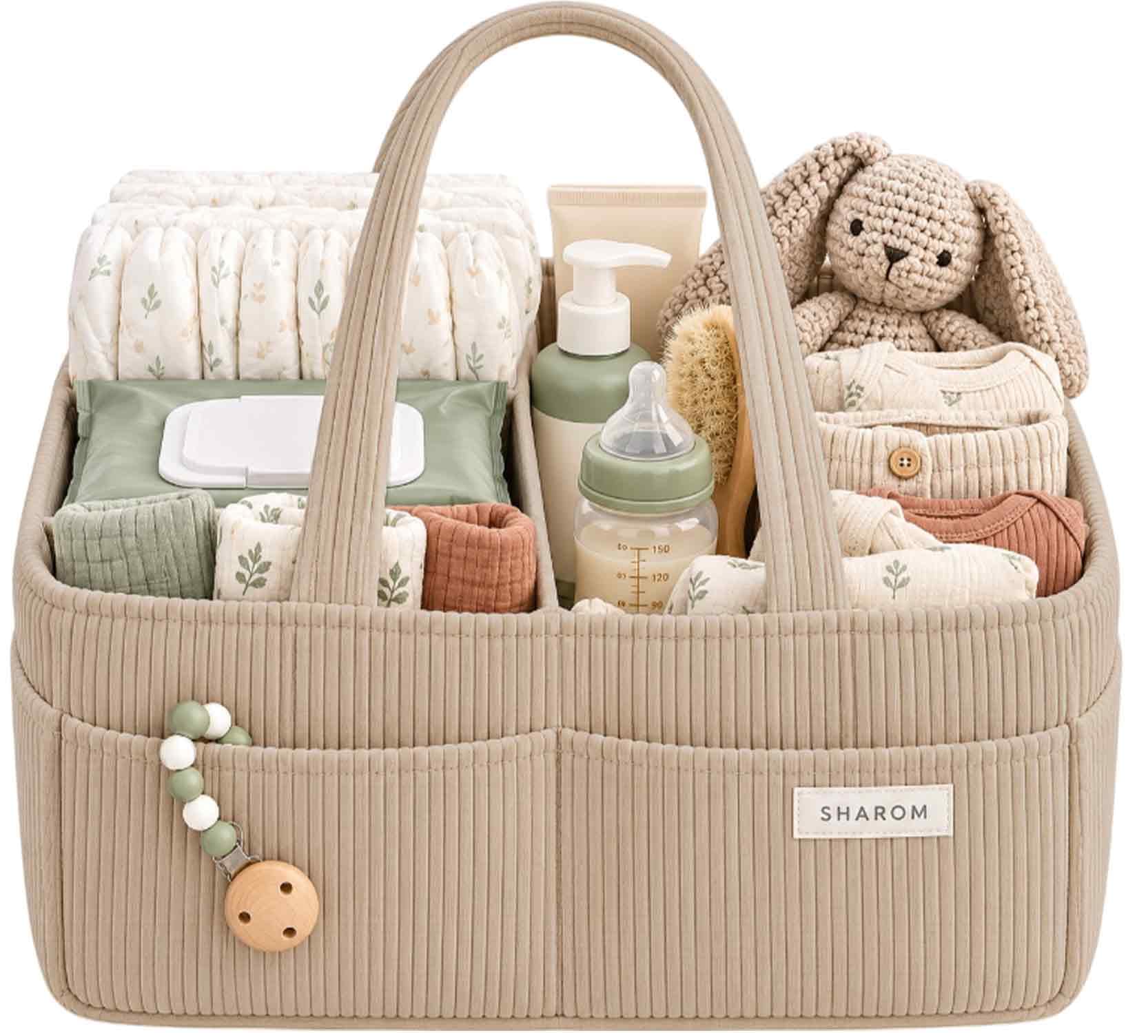 SHAROM Corduroy Baby Caddy Organiser, Spacious Diaper & Nappy Caddy with 3 Adjustable Compartments & 6 Pockets, Portable Changing Table Organiser for Newborn Essentials, Oatmeal — image 1