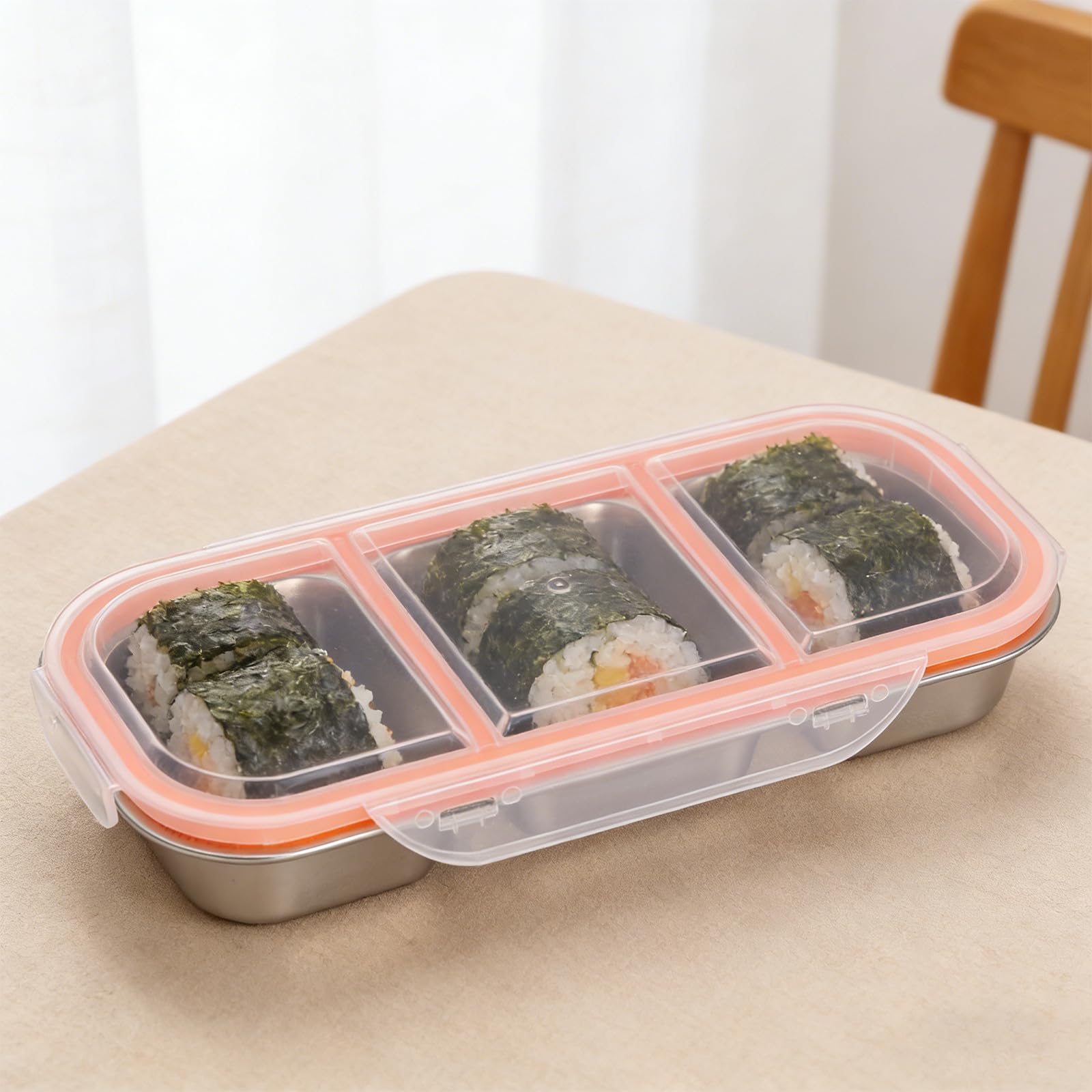 4 Stück-pack Edelstahl Snackbox mit 3 Fächern und 600ml Deckel | Luftdichter Verschluss, Rostbeständig und Leicht zu Reinigen, für Schule, Familie und Portionen