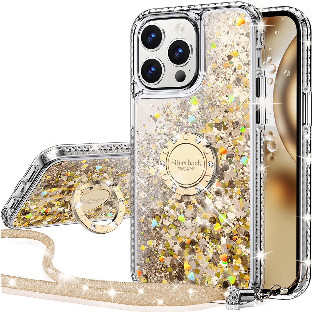 Silverback for iPhone 14 Pro Case with Ring, Moving Liquid Holographic Sparkle Glitter Case with Stand, Girls Women Bling Diamond Slim Protective Case
