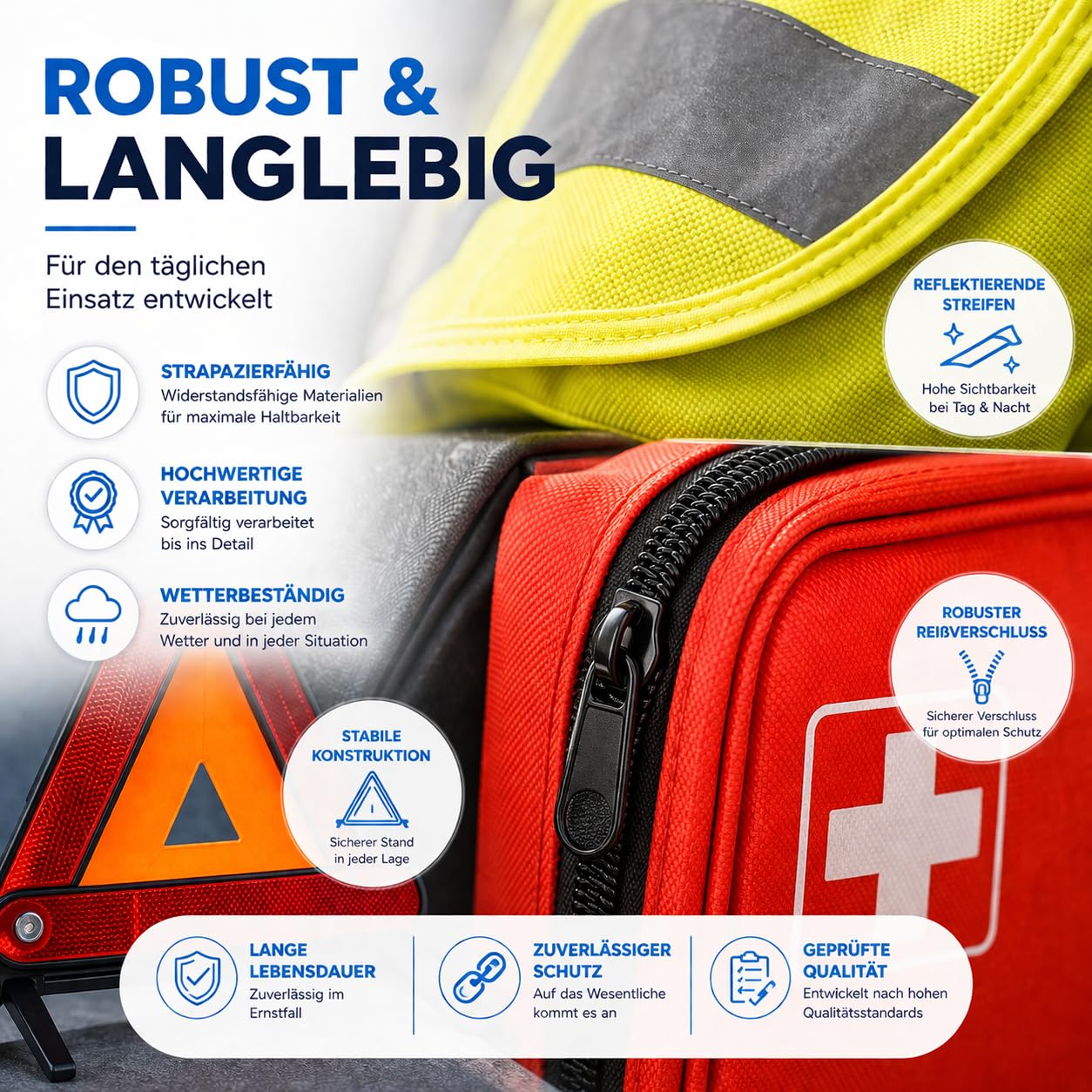3 en 1 - Trousse de premiers secours & gilet de sécurité & triangle de signalisation - Certifié & norme actuelle - Ensemble d'accessoires pour voiture 2026 - Kit de premiers secours pour