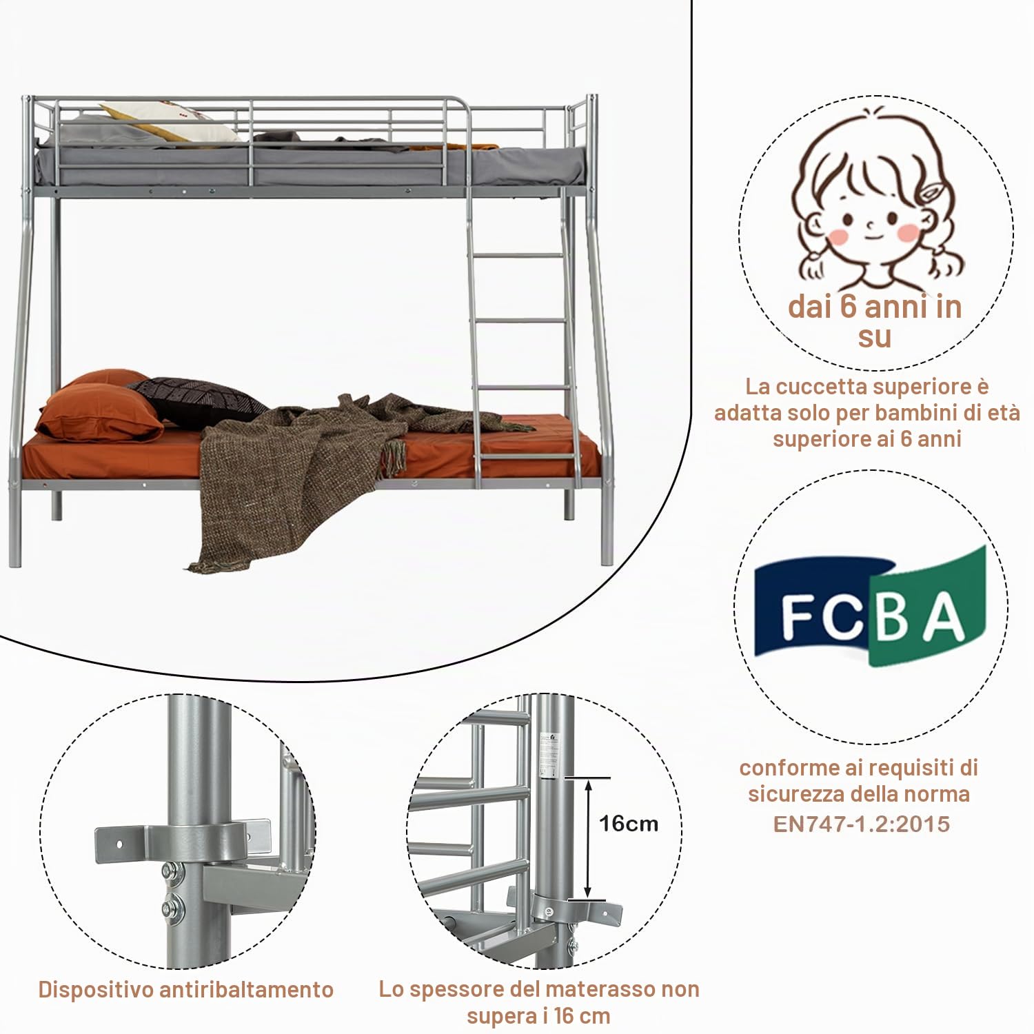 MEUBLE COSY Letto a castello a 3 posti in metallo con rete a doghe, telaio per letti 90 x 190 e 140 x 190 cm, per bambini adulti, grigio