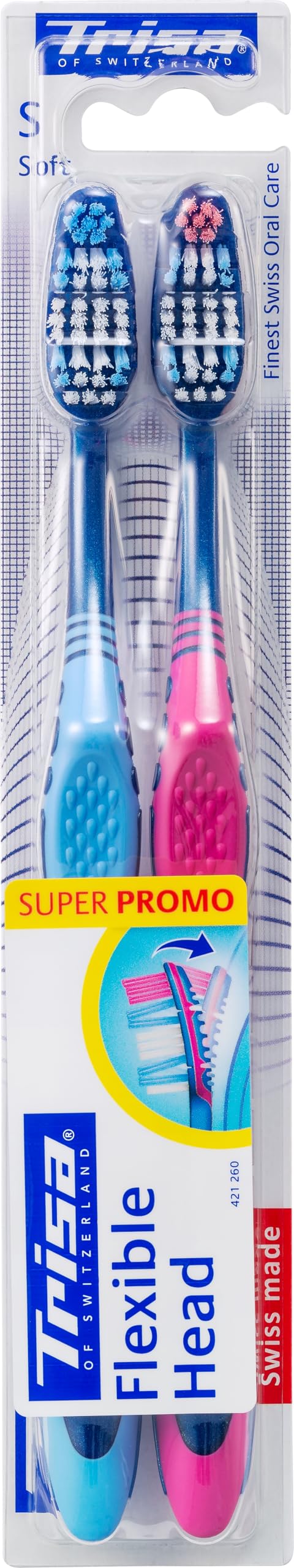 Flexible Head Soft Adult Toothbrush, Finest Swiss Oral Care, Ergonomic handle, Unique design, Assorted Color, 1 pc.