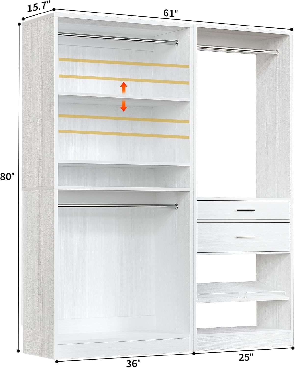 Unikito Closet System Set of 2, 5FT Closet Systems with 2 Wood Drawers, 61" Closet Organizer System with 3 Hanging Rods & 2 Shelves, Heavy Duty 61 Inch Walk-in Closet , White (61" L x 16" W x 80" H)