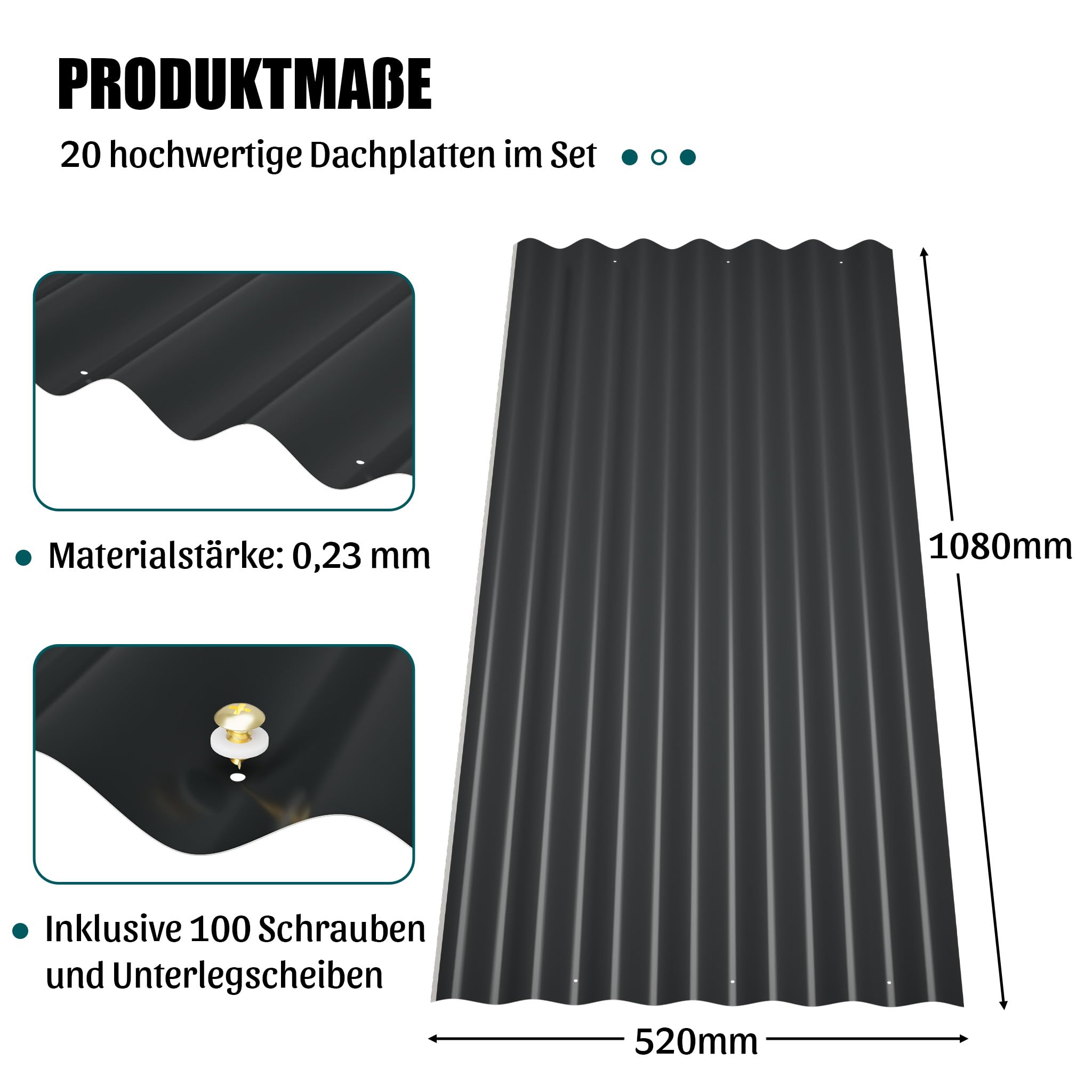 Thanaddo Wellplatten Metall Blech, 20er Set Wellplatte Dach Platten Stahlblechdachplatten mit Schrauben, wetterfest UV beständig Welldach, 52 x 108 cm - 20 Stk.（Schwarz)