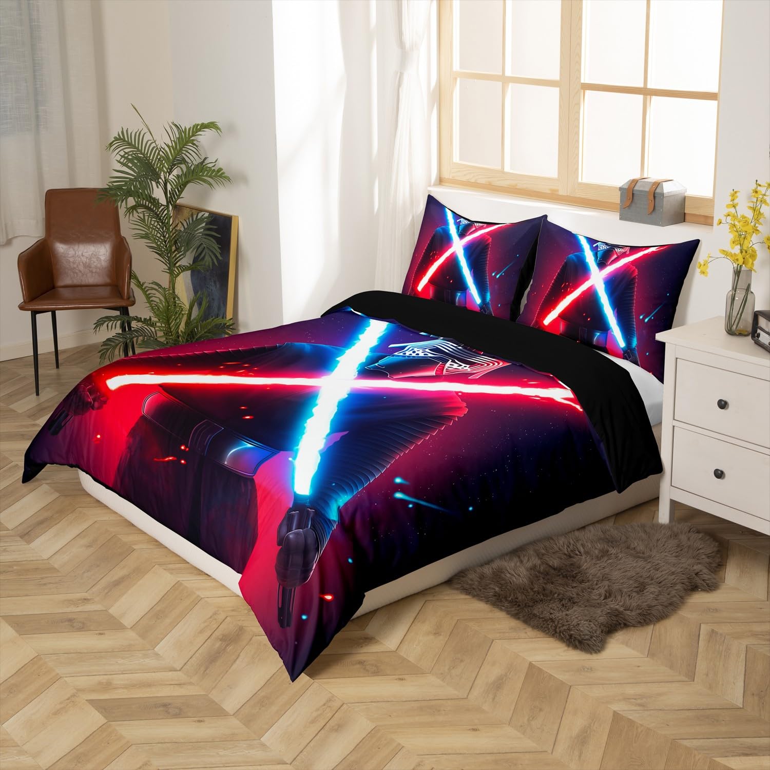richhome Kids Lightsaber Duvet Cover Set 3D Galaxy Neon Blue Red Bedding Set Single Size for Boys Girls Bedroom Bed Decor Fighters Lightsaber Comforter Cover Neon Lightsaber Quilt Cover for All Season - Image 3