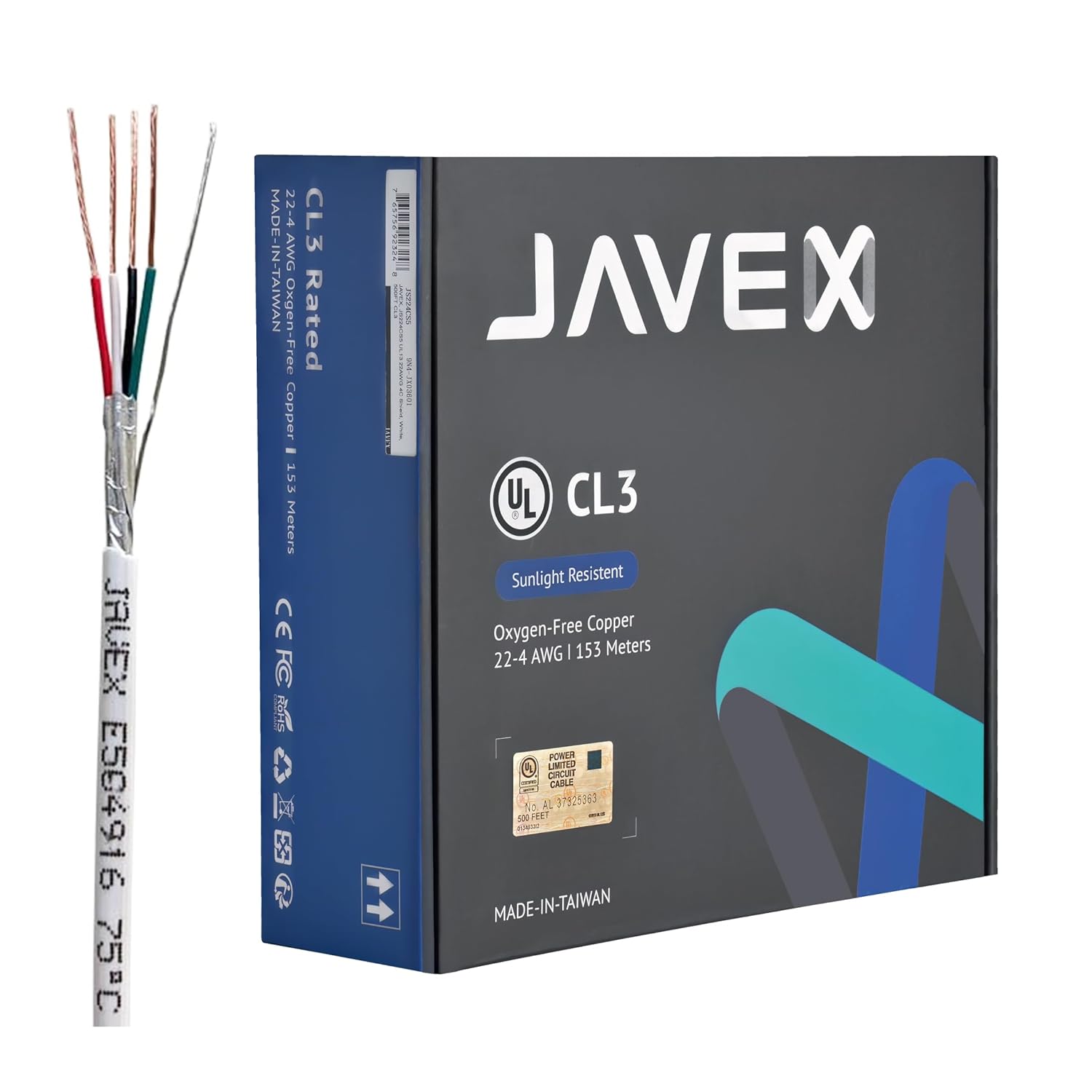 JAVEX 22/4 UL13 CL3R Wire (500 FT), 22-Gauge AWG [100% Shielded, Oxygen-Free Copper] HighFlex Copper Strands for Security, Control and Alarm System Installation, White
