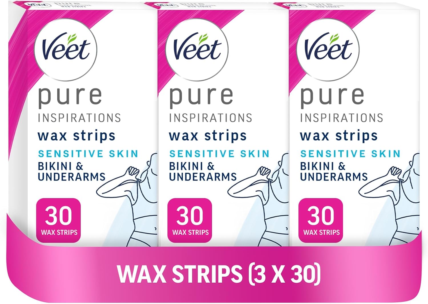 Veet Bikini Wax Strips, Sensitive Skin Hair Removal (Pack Of 3 x 30