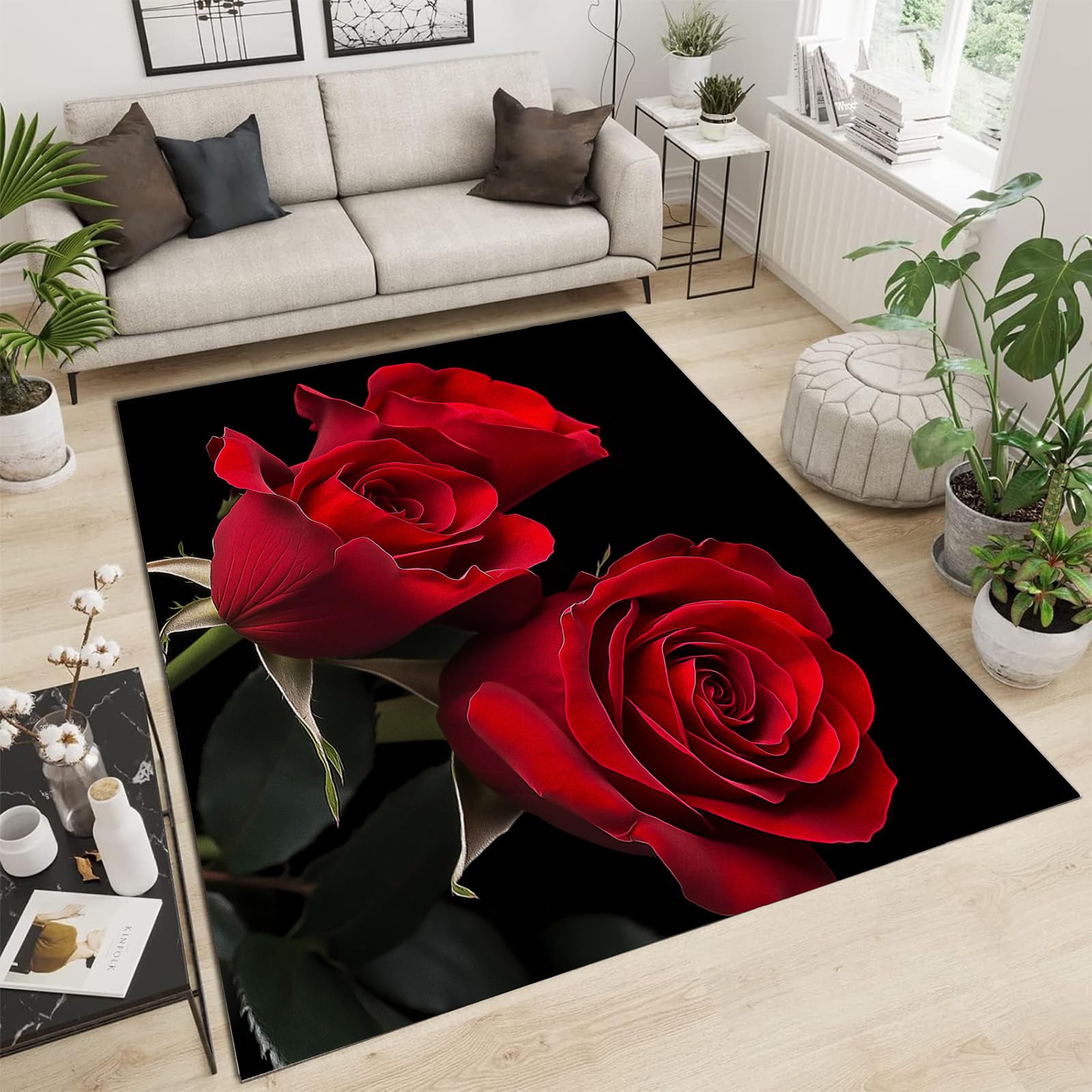 Tapis de décoration de salon moderne motif rose rouge poil ras doux