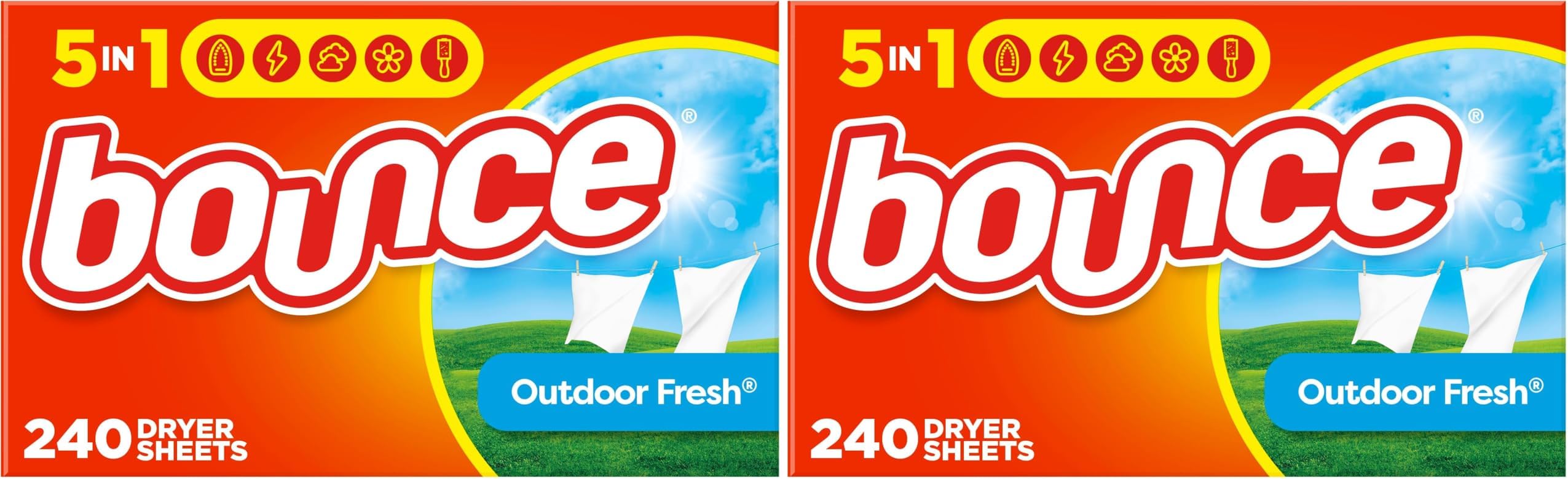 Bounce Dryer Sheets, Outdoor Fresh, 480 Count | Static Control | Wrinkle Fighters | 2 Packs of 240