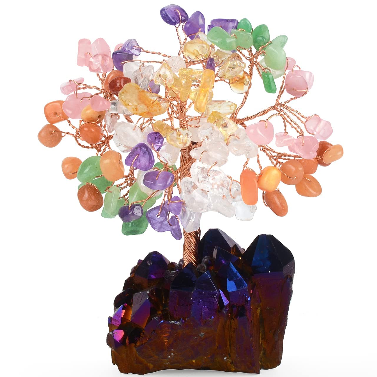 MASGEMES Handmade Chakra Gemstone Crystal Tree,Natural Multi Colorful Gemstone Tree with Quartz Cluster Base Healing Feng Shui Bonsai Money Tree for Luck and Wealth