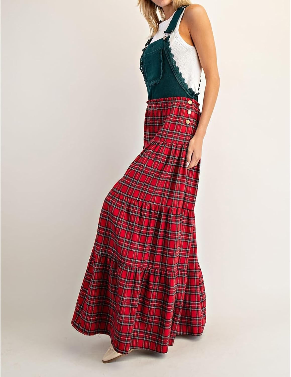 Christmas Plaid Overall Jumpsuit for Women Checkered Sleeveless Wide Leg Santa Claus Romper Xmas Playsuit - Image 6