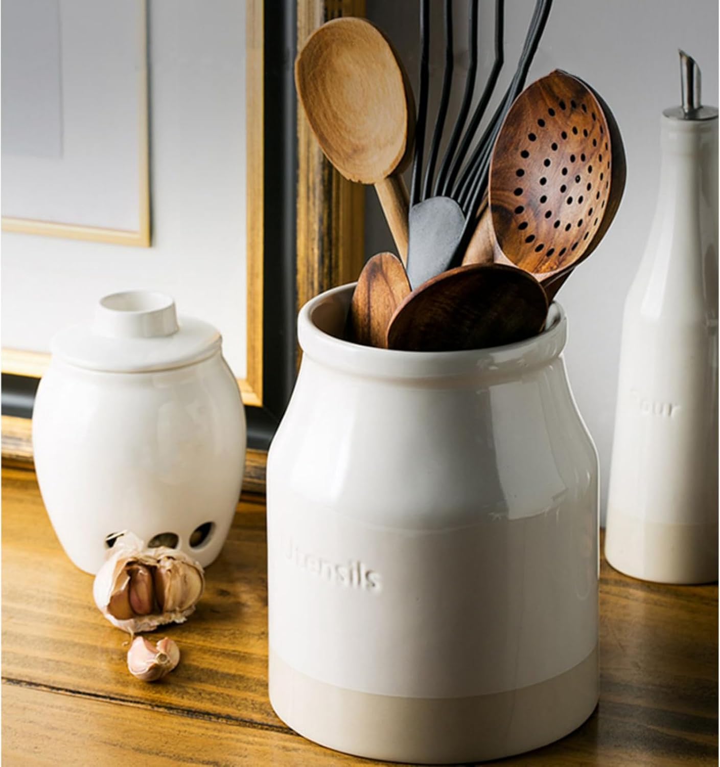 Dxcaicc Utensil Holder, Large Utensil Crock for Kitchen Counter, Ceramic Utensil Crock Storage, Farmhouse Utensil Organizer, Utensil Storage for Home Décor, Gifts