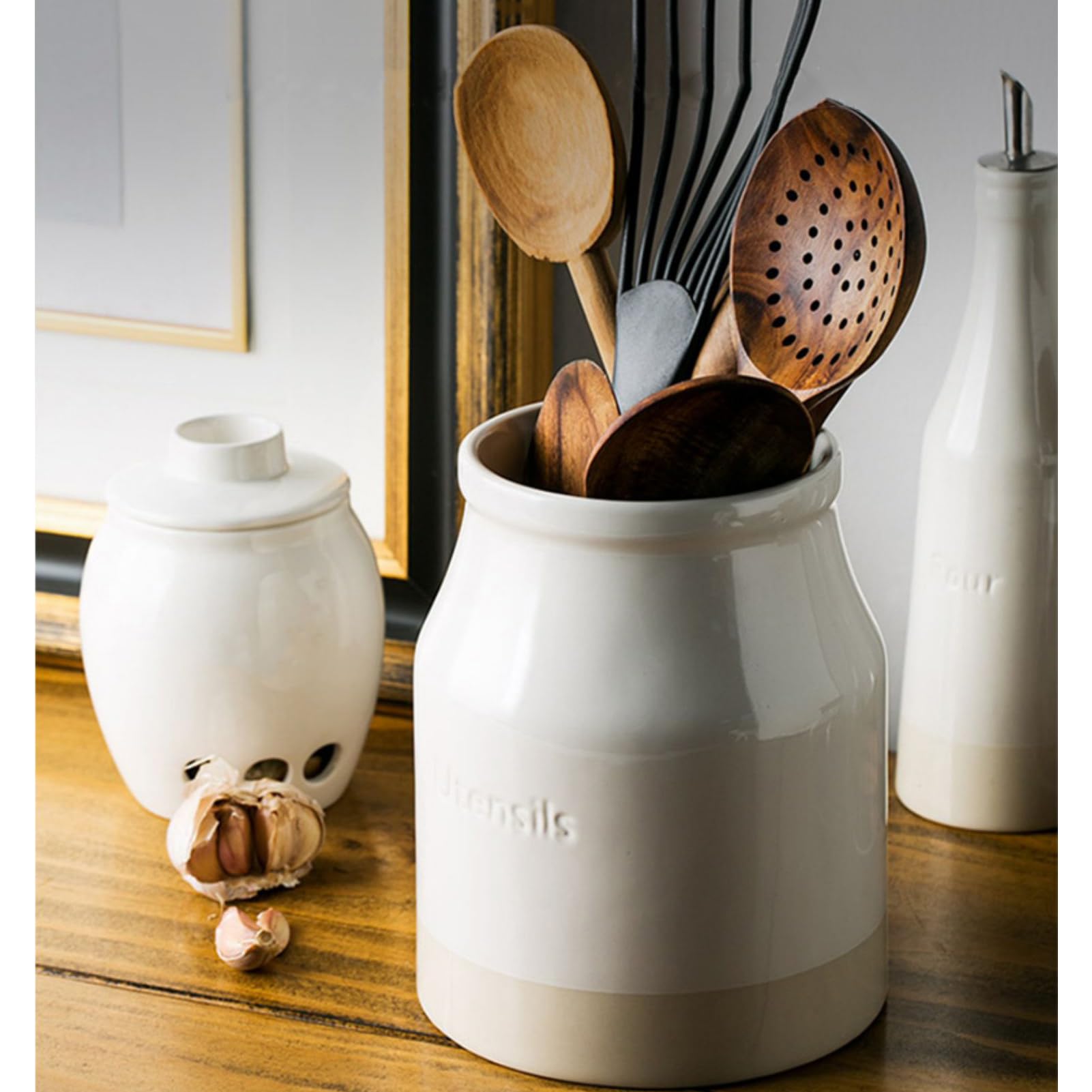 Dxcaicc Gran Utensilio De La Olla para El Mostrador De La Cocina, Cerámica Utensilio De Almacenamiento De La Olla, Organizador De Utensilios De Granja para Decoración del Hogar, Regalos