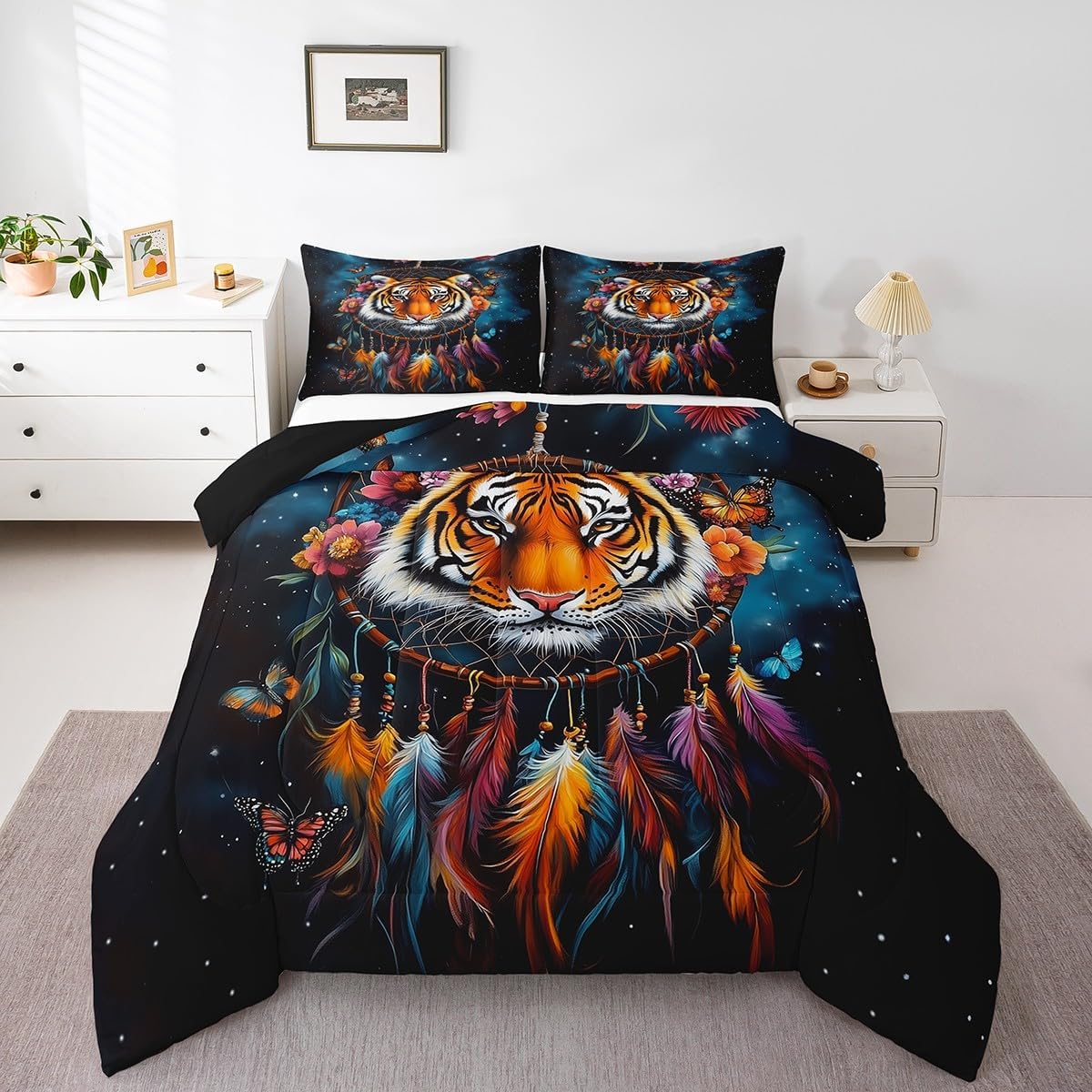 White 3D Tiger Comforter Set Toddler Size Tropical Jungle Wildlife Bedding Set Kids Bedroom Decor Chinese Style Animal All Season Quilt Set Natural Lake Landscape Bedding Comforter Sets,2Pcs