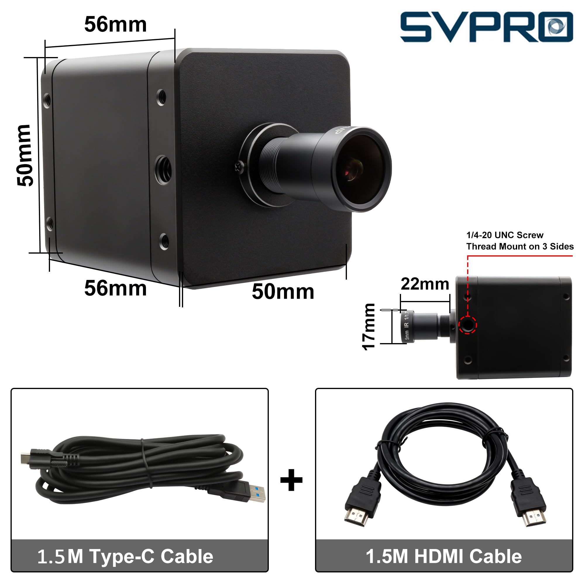 Svpro 4K 60 FPS USB 3.0 HDMI-Kamera, Webcam mit manuellem Fokus, 94° (H) 5mm-M12-Objektiv und Metallgehäuse, IMX678-UVC-Kamera für schlechte Lichtverhältnisse, kompatibel mit Windows, Linux OS