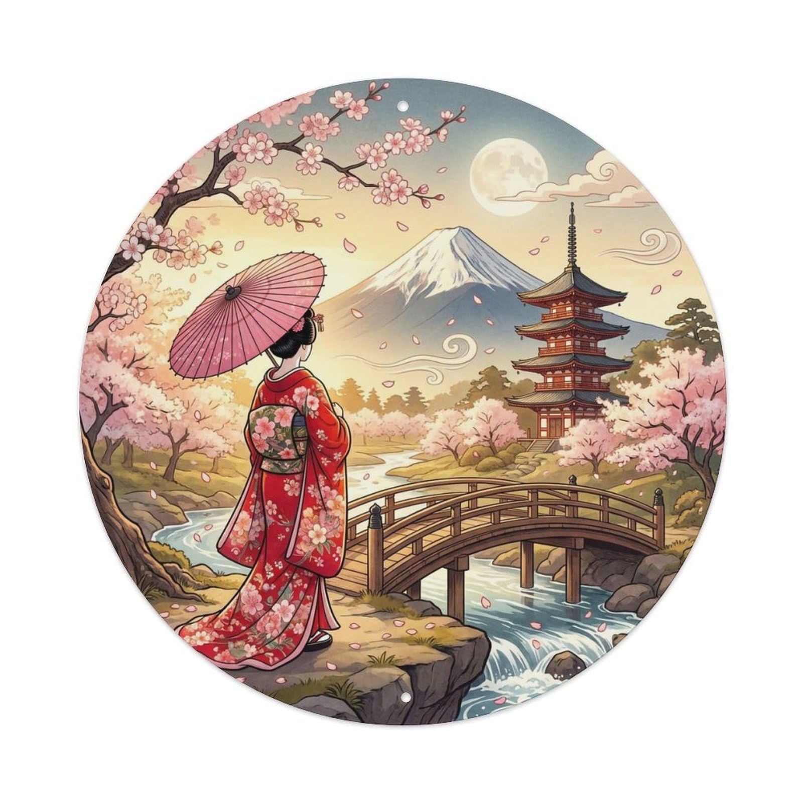 Geisha Cherry Blossom Pagoda Bridge Sakura Garden Landscape Metal Tin Sign