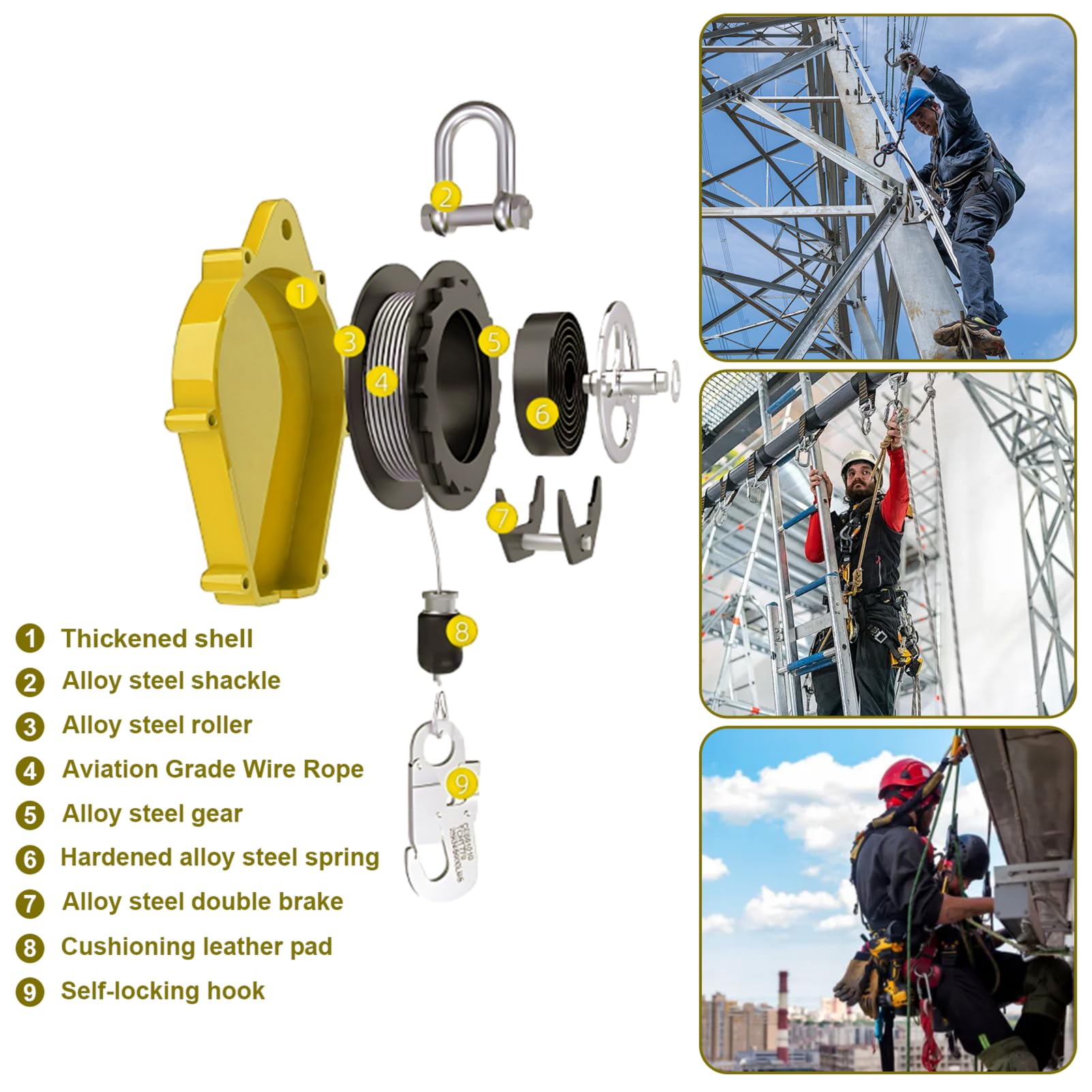Antichute a Rappel Automatique Autobloquant, 3-20m Stop Chute Toiture | Harnais Securite Anti Chute Toiture Retractable, Dispositif Anti Chute Retractable Travaux Hauteur avec Crochet Autobloquant