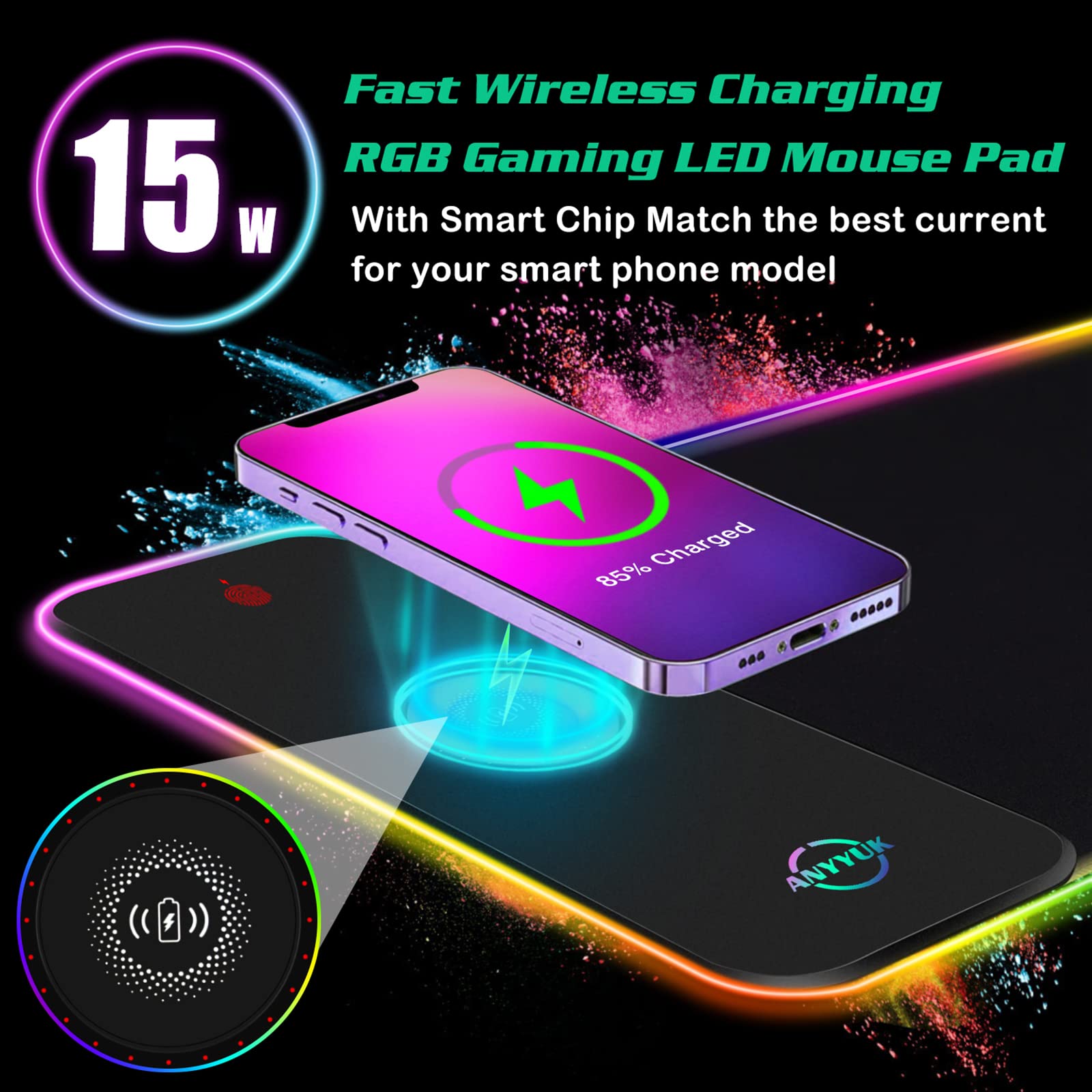 Tappetino per mouse RGB LED con caricabatterie wireless da 15 W, tappetino per mouse da gioco con 10 modalità di illuminazione, tappetino per mouse extra large con base in gomma antiscivolo, tappetino