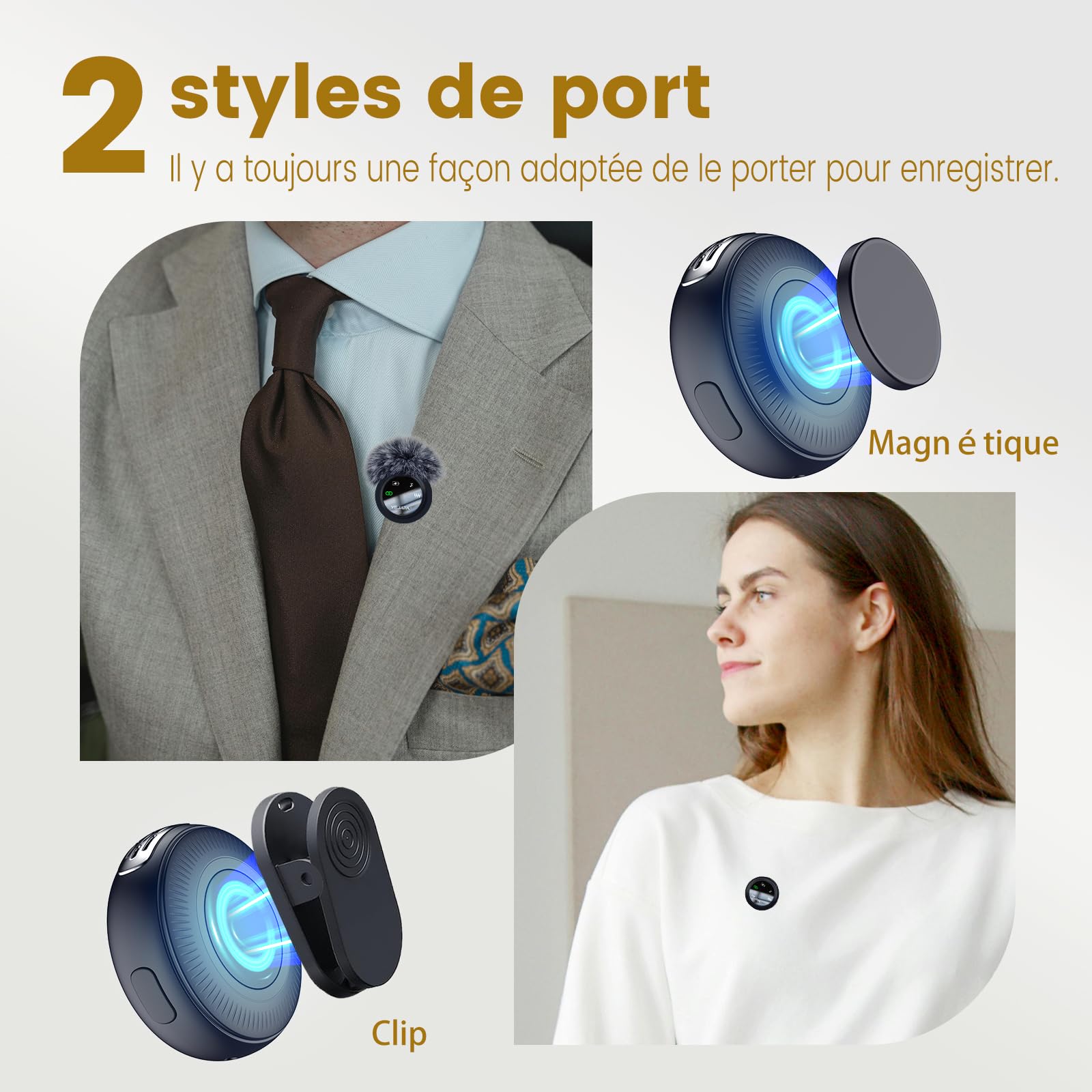 Microphone Cravate sans Fil 2-en-1 pour vidéo | 2 émetteurs, récepteur USB-C/Lightning, réduction du bruit DSP, boîtier 40 h, portée 25 m, compatible iOS et Android.