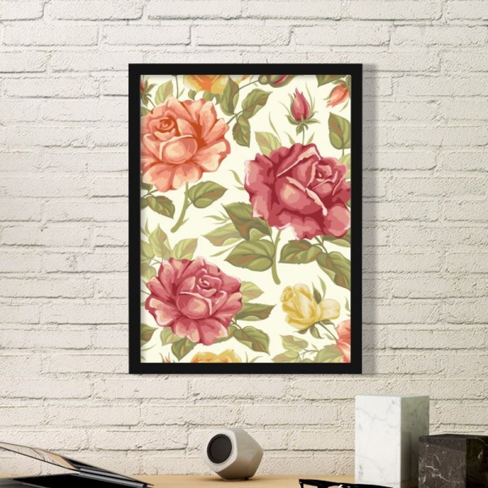 Peinture en bois rose antique aquarelle cadre noir S